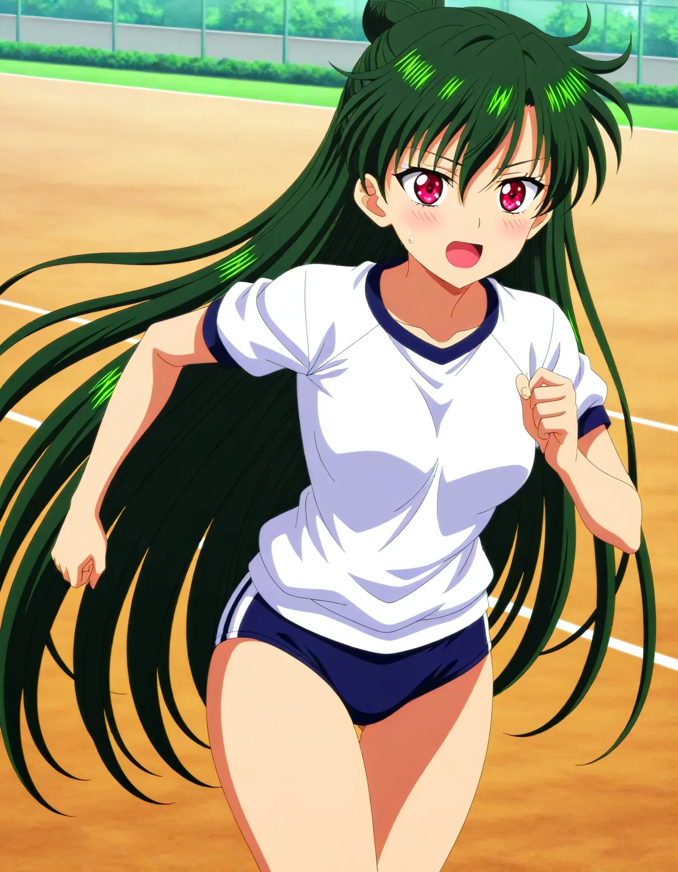 <lora:dmd2_sdxl_4step:1>,official style,masterpiece,best quality,newest,very aesthetic,highly detailed,high resolution,absurdres,highres,depth of field,super detailed skin,very awa,Anime,anime coloring,anime screencap,<lora:sailor_pluto_V3.1:1>,meiou setsuna,solo,red eyes,medium breasts,long hair,very long hair,green hair,hair bun,single hair bun,smile,open mouth,white shirt,blue_buruma,sweatdrop,running,ground,