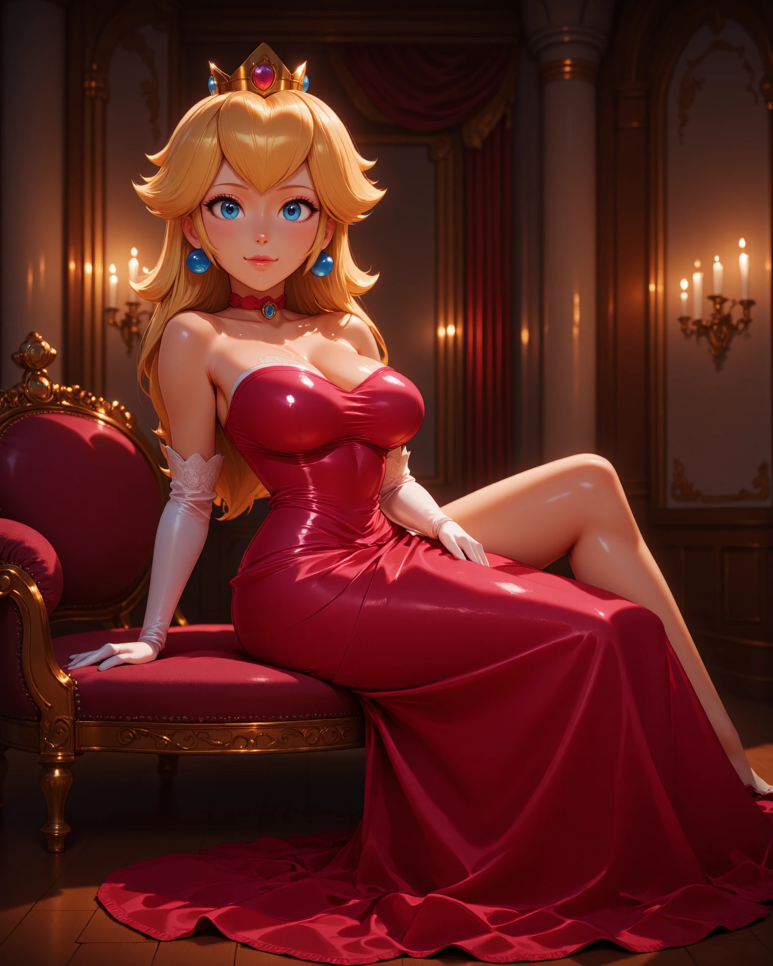 side view, A semi-realistic digital portrait of <lora:Super_Mario_Bros_-_Peach-000014:1> n-peach with piercing crystal blue eyes and blonde hair, emi-realistic style, high detail, soft lighting, painterly textures, concept art quality, fantasy aesthetic.
A semi-realistic digital painting of Princess Peach in a sultry, high-fashion setting. Sheâs wearing a deep crimson evening gown with a dramatic thigh-high slit, delicate lace gloves, and a sleek updo with a few golden strands framing her face. Her crown is reimagined as a minimalist gold tiara, and she wears bold ruby earrings. Sheâs lounging on a velvet chaise in a dimly lit, opulent palace room with soft candlelight and golden accents casting warm highlights on her skin. Her expression is confident and seductive, with half-lidded sapphire eyes and a slight smirk. The atmosphere is rich and moody, with soft shadows, glowing highlights, and romantic vintage glamor. Semi-realistic art style, high detail, soft brushwork, cinematic lighting, elegant and sensual mood.
