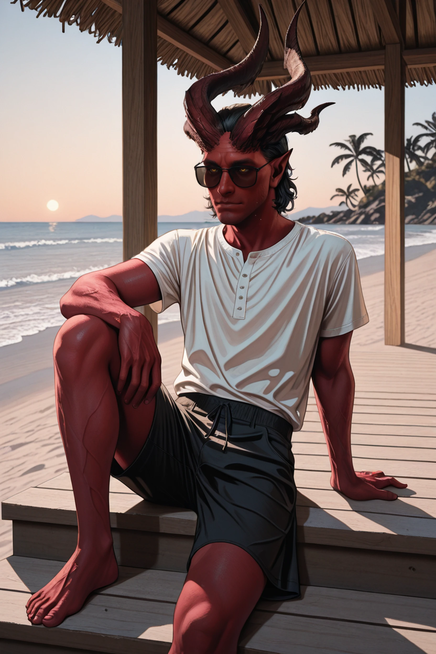 masterpiece, best quality, absurdres, highres, extremely high detail,
<lora:ILBGRaphaelC:1.0>
BGRaphaelC, 1boy, demon horns, pointy ears, yellow eyes, red skin, colored scalea, in a casual summer outfit, sitting on the steps of a beach house, sunglasses on, ocean in the background, relaxed and carefree mood