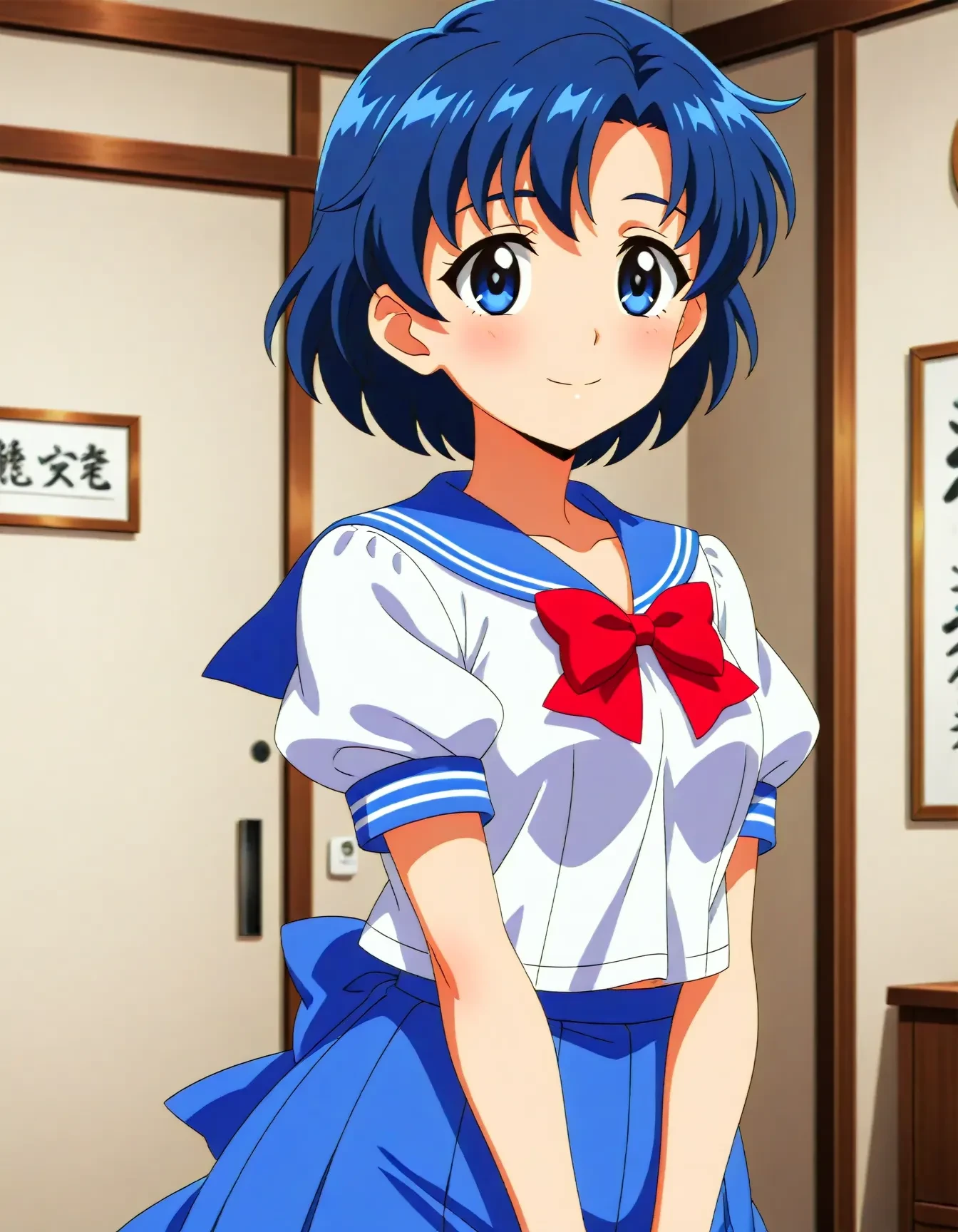 <lora:dmd2_sdxl_4step:1>,official style,masterpiece,best quality,newest,very aesthetic,highly detailed,high resolution,absurdres,highres,depth of field,super detailed skin,very awa,Anime,anime coloring,anime screencap,<lora:sailor_mercury_V3.1:1>,mizuno ami,solo,blue eyes,blue hair,short hair,medium breasts,skirt,blue skirt,blue sailor collar,school uniform,sailor collar,pleated skirt,blue back bow,serafuku,short sleeves,puffy sleeves,red bow,puffy short sleeves,