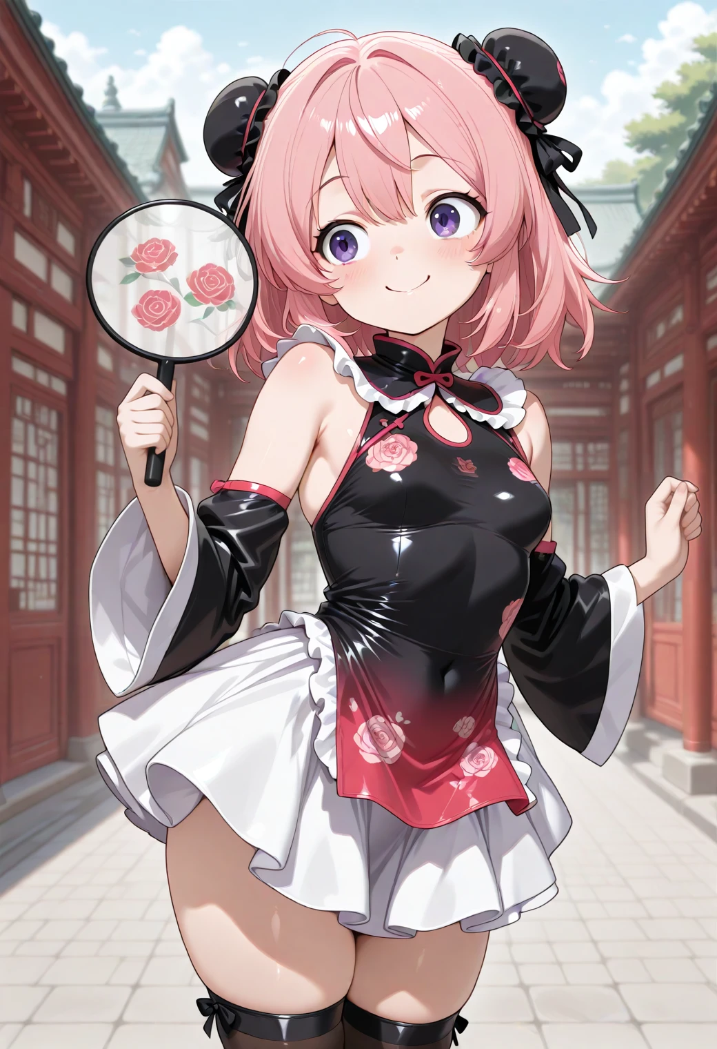 masterpiece, best quality, amazing quality, 1girl, solo, smile, cute pose, blush, anime screencap, makeup, chinese background, outdoors, <lora:CivChan:1>, CivChan, purple eyes, pink hair, <lora:Miku_Modern_China_Dress_TEST_v1_0:0.8>, Miku_Modern_China_Dress_TEST_v1_0, holding fan, dress, bare shoulders, detached sleeves, sleeveless, wide sleeves, hair ribbon, sleeveless shirt, neck collar, white skirt(frills, layered), chinese clothes, china dress((black)), multicolored clothes, floral print, thighhighs, zettai ryouiki, double bun, bun cover, <lora:wai-Rectified-s:1>, <lora:prompt_extend:1>