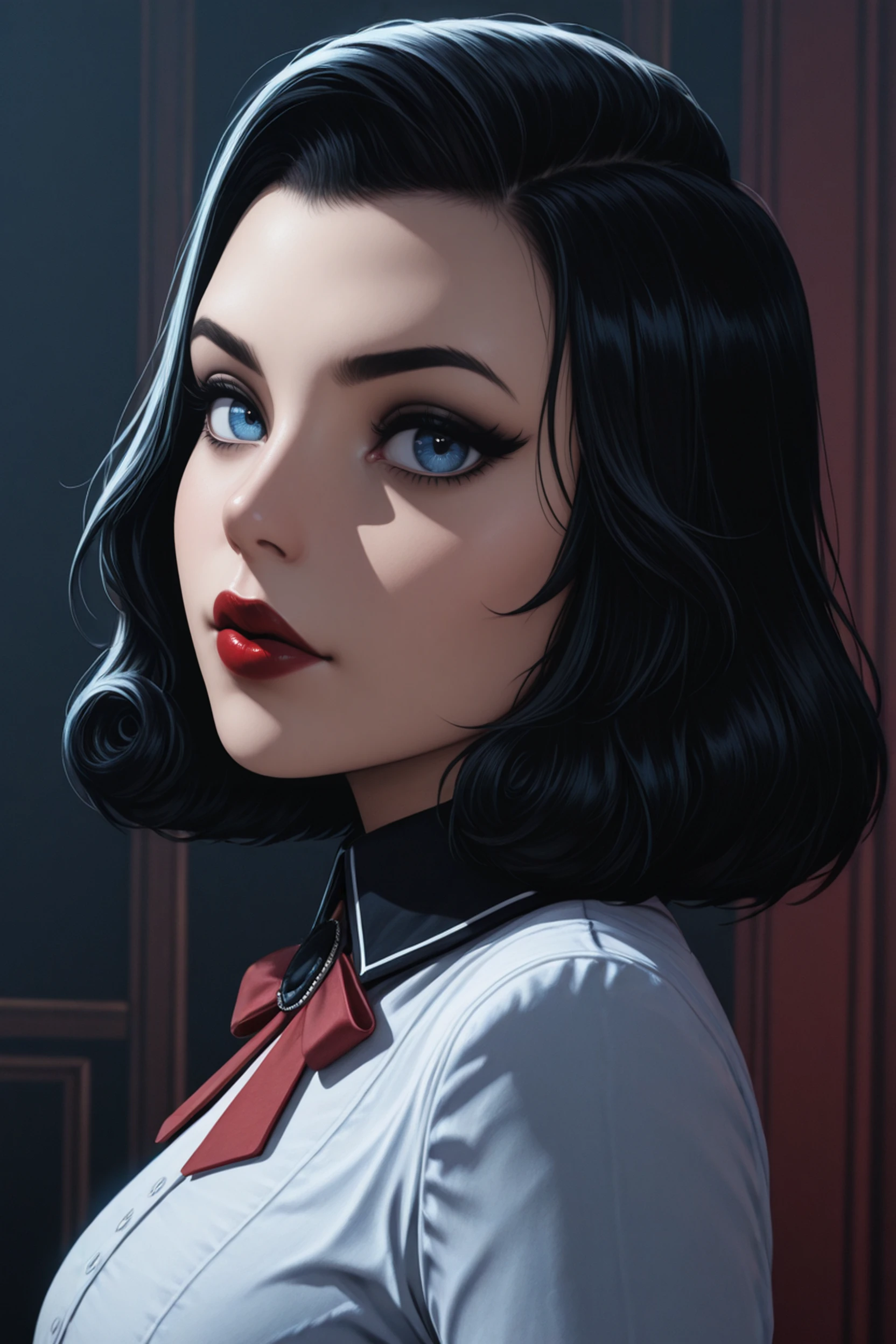masterpiece, best quality, absurdres, highres, extremely high detail,
<lora:ILBBElizabeth:1.0>
BBElizabeth, 1girl, black hair, blue eyes, short hair, red lipstick, looking at viewer, portrait
