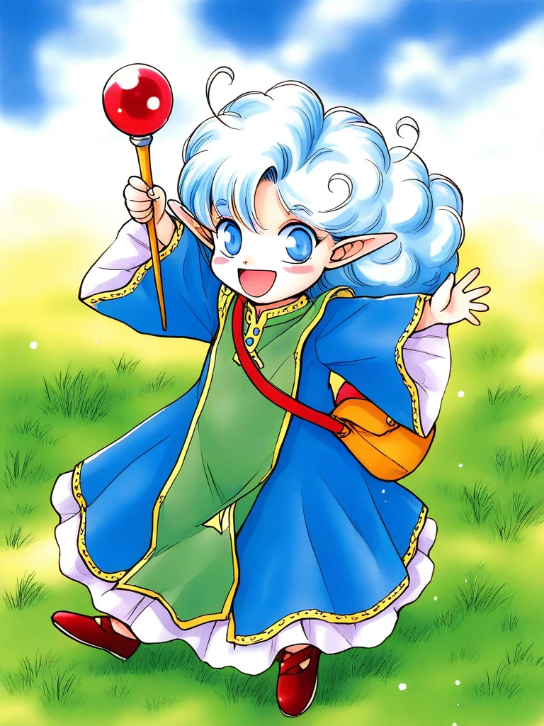 general,highres, ultra-detailed,very aesthetic,best quality ,best hands, BREAK <lora:Rumy_Fortune_Quest_Ver2.0_IS:1>Rumy(Fortune_Quest), 1girl, solo, blue eyes, pointy ears, blue hair, curly hair, ahoge,
open mouth, smile, long sleeves, , blue robe, bag,
closed mouth, solo, 1girl, smile, long sleeves, looking at viewer,
green dress, holding, wand, open mouth, wide sleeves,
full body, long hair,
fantasy, sky, grass,