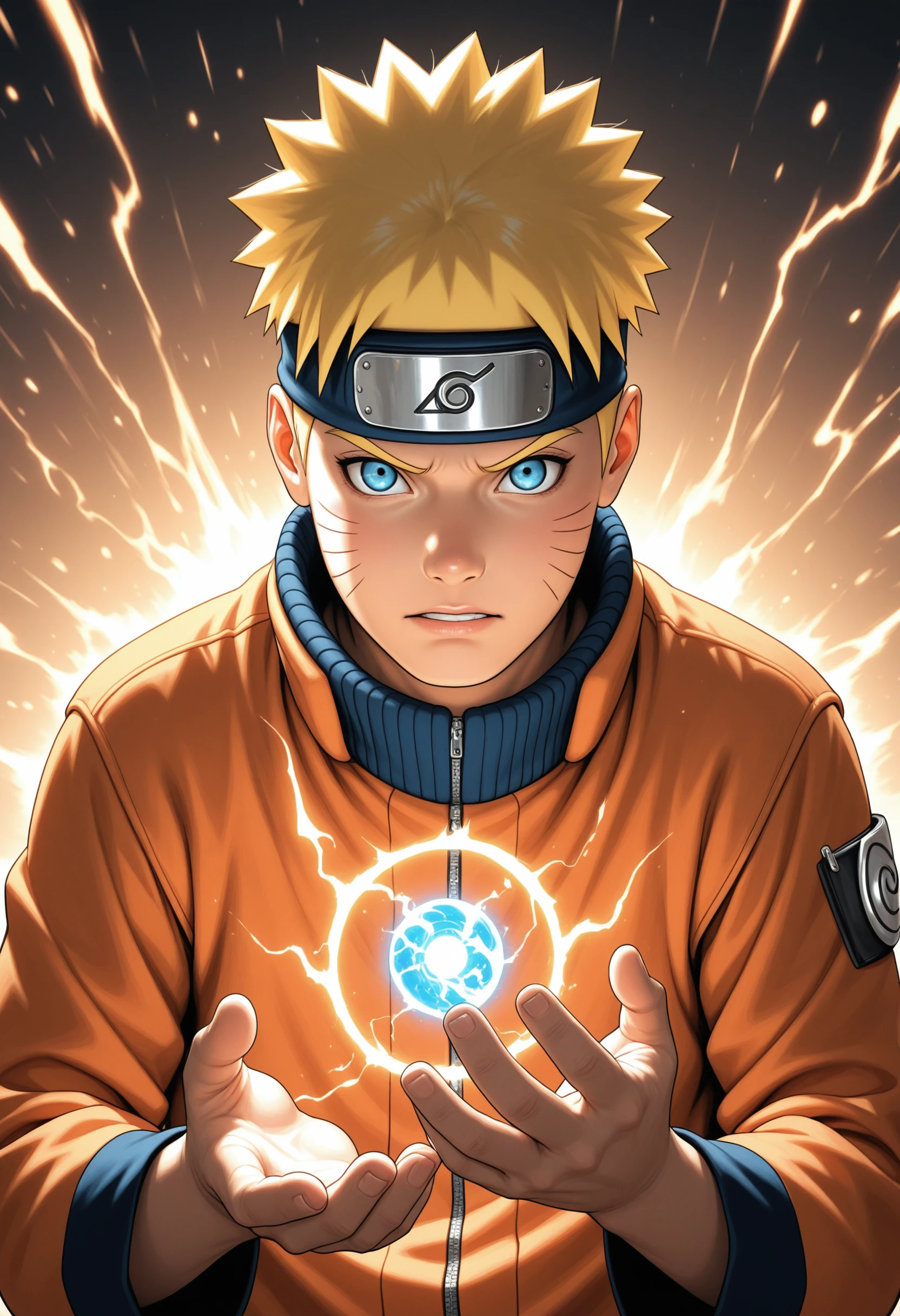 high_quality, highres, beautiful, detailed, (masterpiece, best quality:1.2), absurdres, 8k, HDR, (1boy, man, male, masculin:1.2), Naruto Uzumaki (Naruto) ,A determined ninja with spiky blond hair and whisker-like marks on his cheeks, wearing his orange jumpsuit, forming a Rasengan attack with a fierce expression, dynamic angle, dynamic posing,