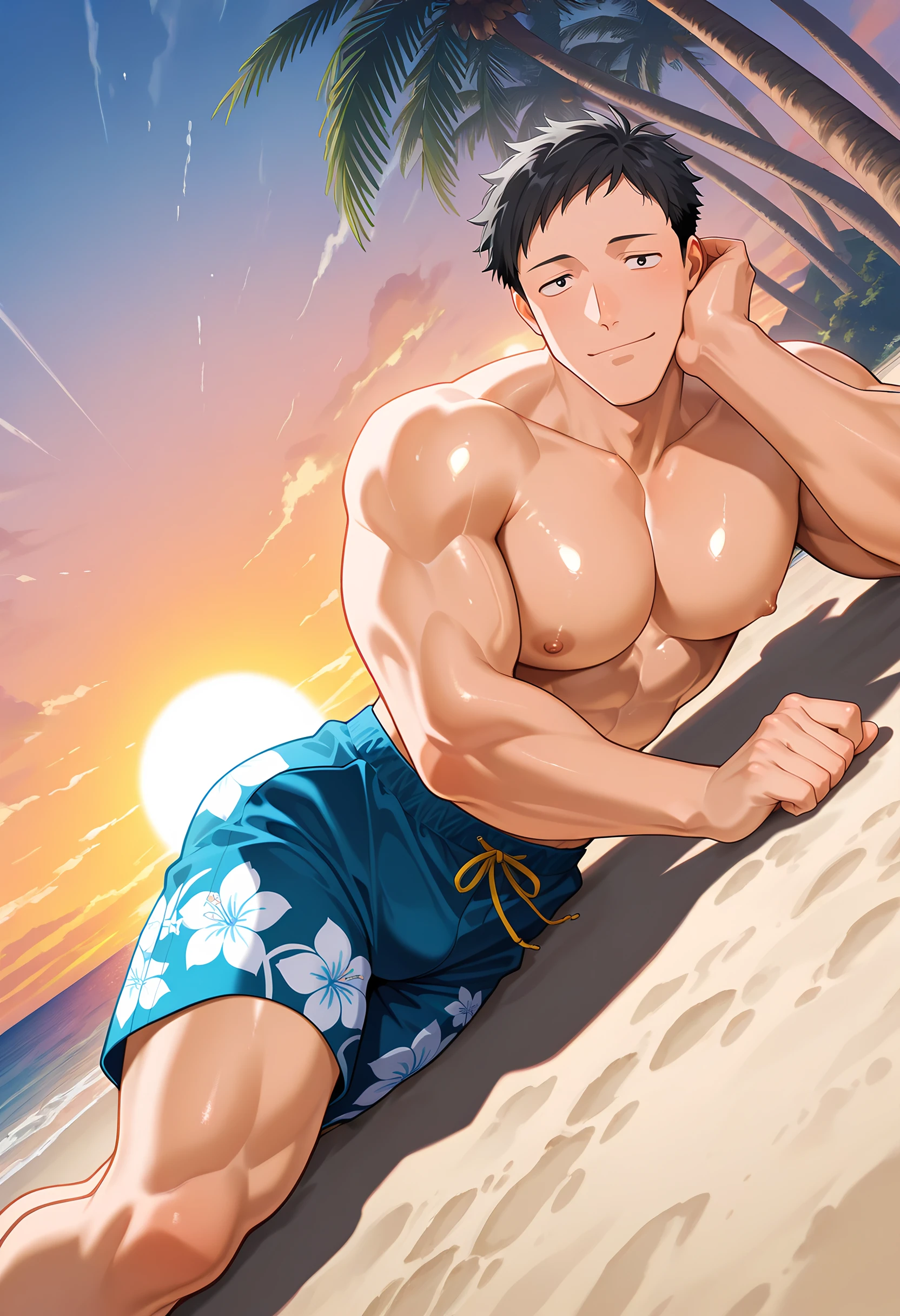 masterpiece, best quality, newest, absurdres, 1boy, male focus, solo, looking at viewer, lying on side, chin rest, dynamic angle, dynamic action, BREAK
<lora:Yashiro_Kizuku_Illustrious:1> y4sh1r0_k1zuku, black hair, short hair, black eyes, sanpaku, BREAK
muscular male, pectorals, large pectorals, nipples, BREAK
alternative costume, topless male, floral print trunks, BREAK
expressive cute face, shiny skin, anime, BREAK
outdoors, beach, palm tree, shadow, atmospheric perspective, sunset