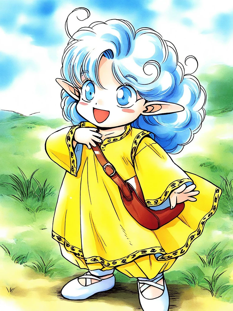 general,highres, ultra-detailed,very aesthetic,best quality ,best hands, BREAK <lora:Rumy_Fortune_Quest_Ver2.0_IS:1>Rumy(Fortune_Quest), 1girl, solo, blue eyes, pointy ears, blue hair, curly hair, ahoge,
open mouth, smile, long sleeves, Yellow dress, bag,
hand on own chest, standing, robe, white shoes,
happy, long pants, wide sleeves,
grass, sky,