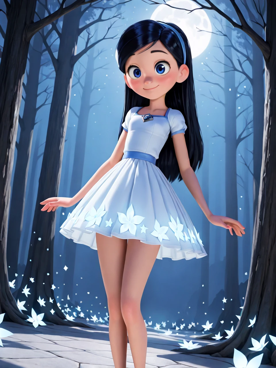 (masterpiece,best quality,newest,absurdres,highres), v10p4rr, 1girl, solo, long hair, black hair, hairband, blue eyes, fantasy dress, floating, magical forest, sparkles, glowing flowers, moonlight, ethereal, surreal, dreamlike, starlight, vibrant aura, smile <lora:Violet_Parr_IllustriousXL:0.7>