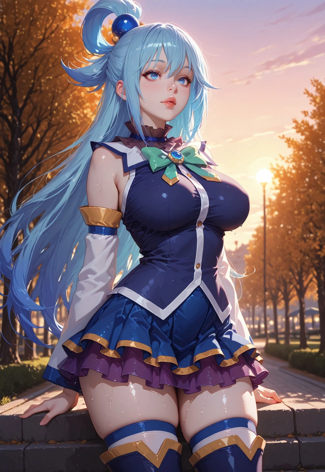 pechos grandes y redondos, she is a Hermoso woman ((Aqua Hermoso and cute)), (pelo azul, atado a un clip y recto), double eyelids, ojos azules, Claro y detallado, hiper detallado, Efecto de luz en los ojos, iriod detallado, ((blusa fresca de manga larga, microfalda delicada y elegante con detalles, Hermoso and cool)), escote, ((parte maestra, Hyper realistic, hiper detallado, mejor calidad, 16k, luz e sombra na pele, colores brillantes)), delineador, fine eyebrow pressure, labios perfectos, cara inocente e sexy, ((pele com luz e sombra), Hermosoly seductive and embarrassed woman, passionate expression, sonrisa saliente ((Aqua is a Hermoso woman with perfect body, her skin color is Hermoso, porque es muy ligero)), coqueteando con el espectador, Hermoso, encantador, ((in front of a mansion, metal iron gate design)), (Body tilt) (( pose from behind: 1,3)) ((Emphasis on the butt, from behind))