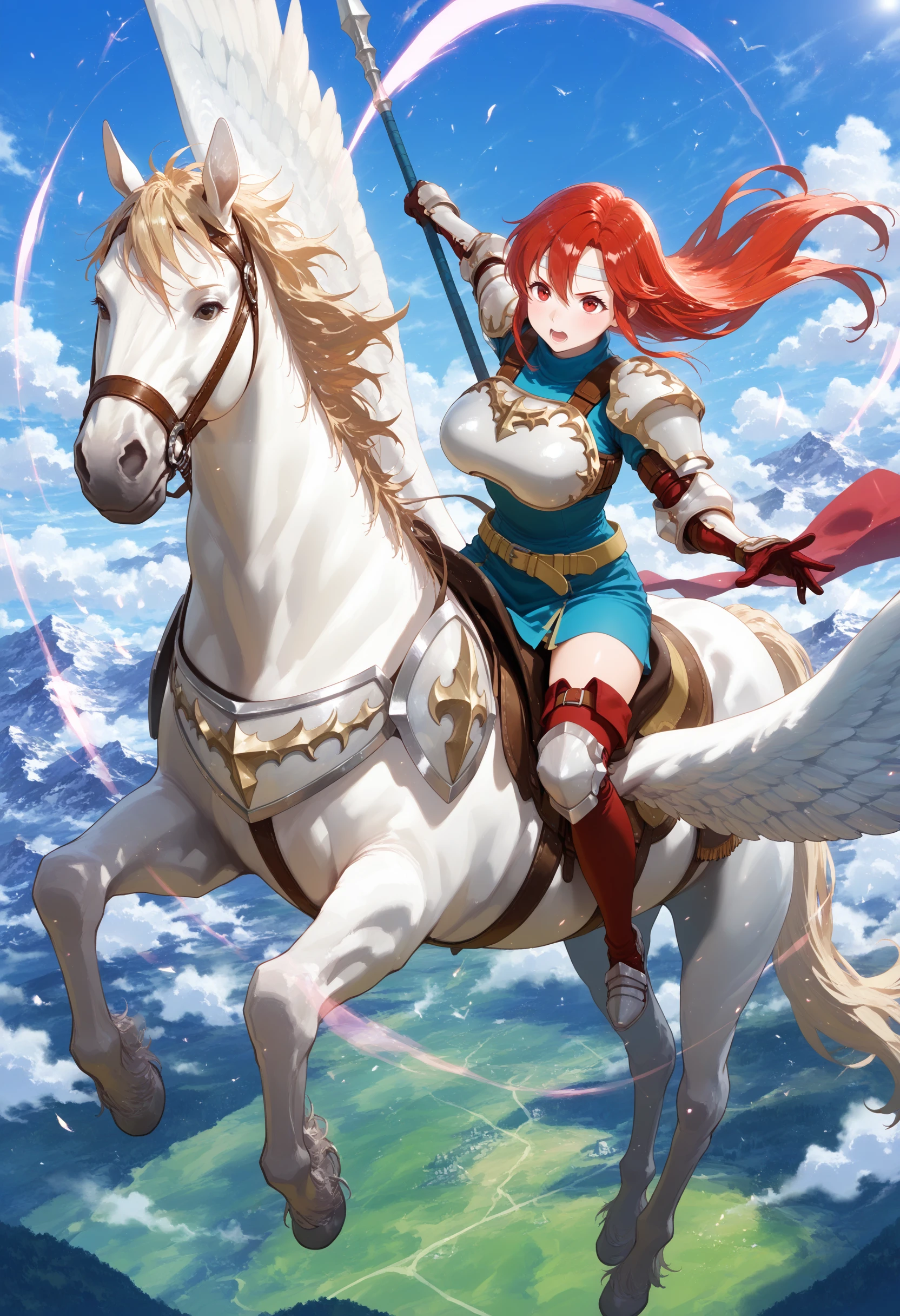 SmoothNoob_Quality,masterpiece,sky,flying,full body,1girl,solo,large breasts,pegasus knight,horseback riding,pegasus,shoulder armor,breastplate,pegasus knight uniform \(fire emblem\),thighhighs,gloves,armored boots,<lora:pegasus knight-NAI:1>,<lora:NOOB_vp1_detailer_by_volnovik_v1:1>,holding polearm,fighting stance,serous,open mouth,charging forward,pointing,wind,shockwave,