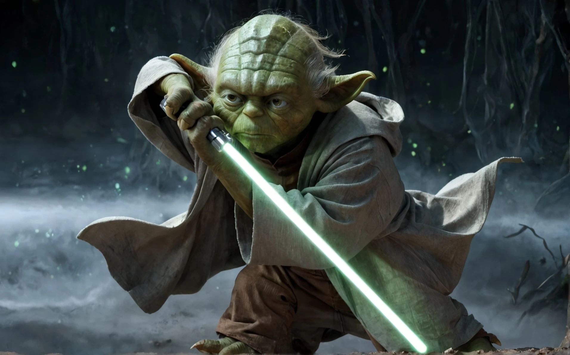 score_9, score_8_up, score_7_up, Yoda, \(Star Wars\)/,(ultra HD quality details), (green skin:1.5), reflections, highly detailed, film grain, a wise, battle-ready pony jedi master, green fur, large expressive eyes, long pointed ears,
A highly detailed, cinematic-style digital illustration of a small green alien warrior in a flowing grey robe, wielding a glowing green energy sword (lightsaber), captured mid-air in an action pose. The character has large pointed ears, wrinkled green skin, and a focused, intense expression. The background features a futuristic, glowing abstract scene with dynamic light trails and green energy particles, evoking a sci-fi atmosphere. The lighting is dramatic, with soft highlights on the character’s face and folds of the robe, conveying movement and power. Rendered in 3D style, sharp details, ultra-realistic textures, vibrant color grading, high contrast, dynamic composition