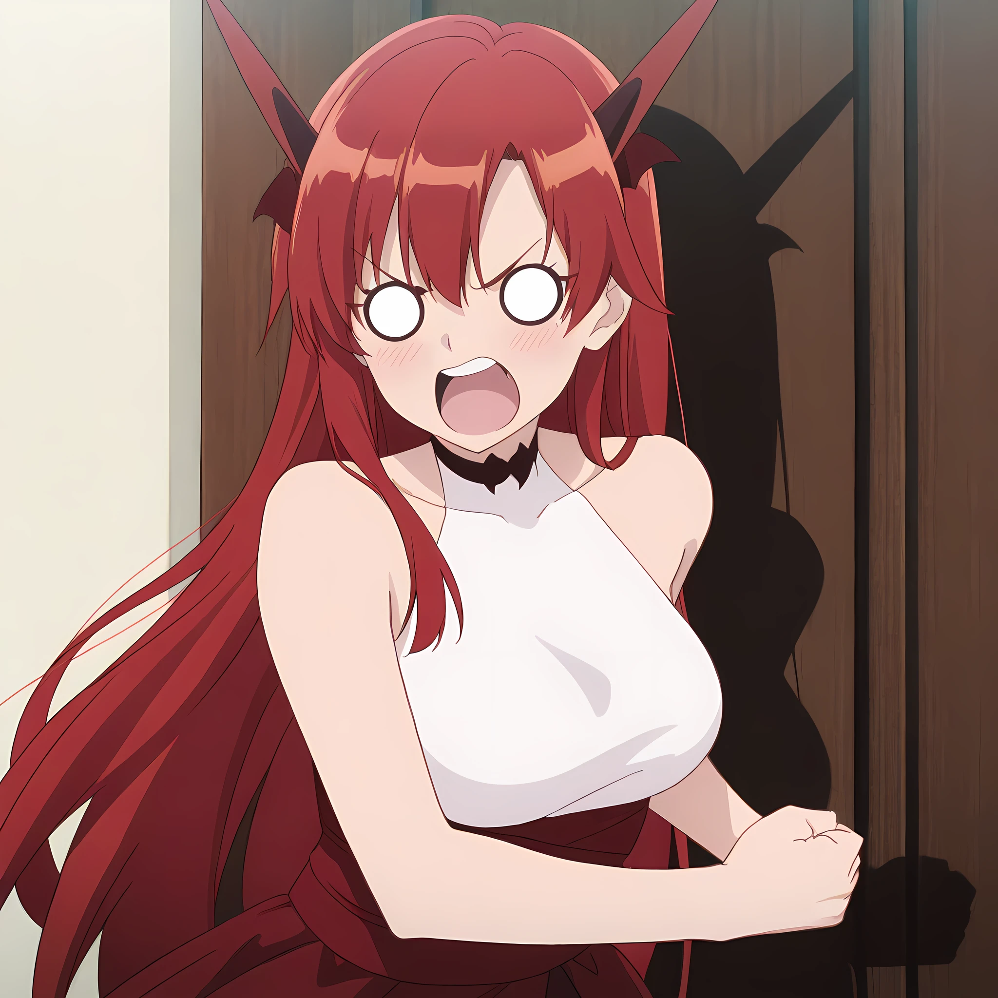 MariSetogoya, 1girl, long hair, red eyes, red hair, wings, pointy ears, fang, bat wings, demon wings, large breasts, navel, cleavage, collarbone, best quality, (Best Illustration), 8k Resolution, Intricate Details, Best Quality, Realistic, Ultra Detailed, Best Lighting, Best Shadows, Ultra HD, 2B(NieR) dress, tsundere