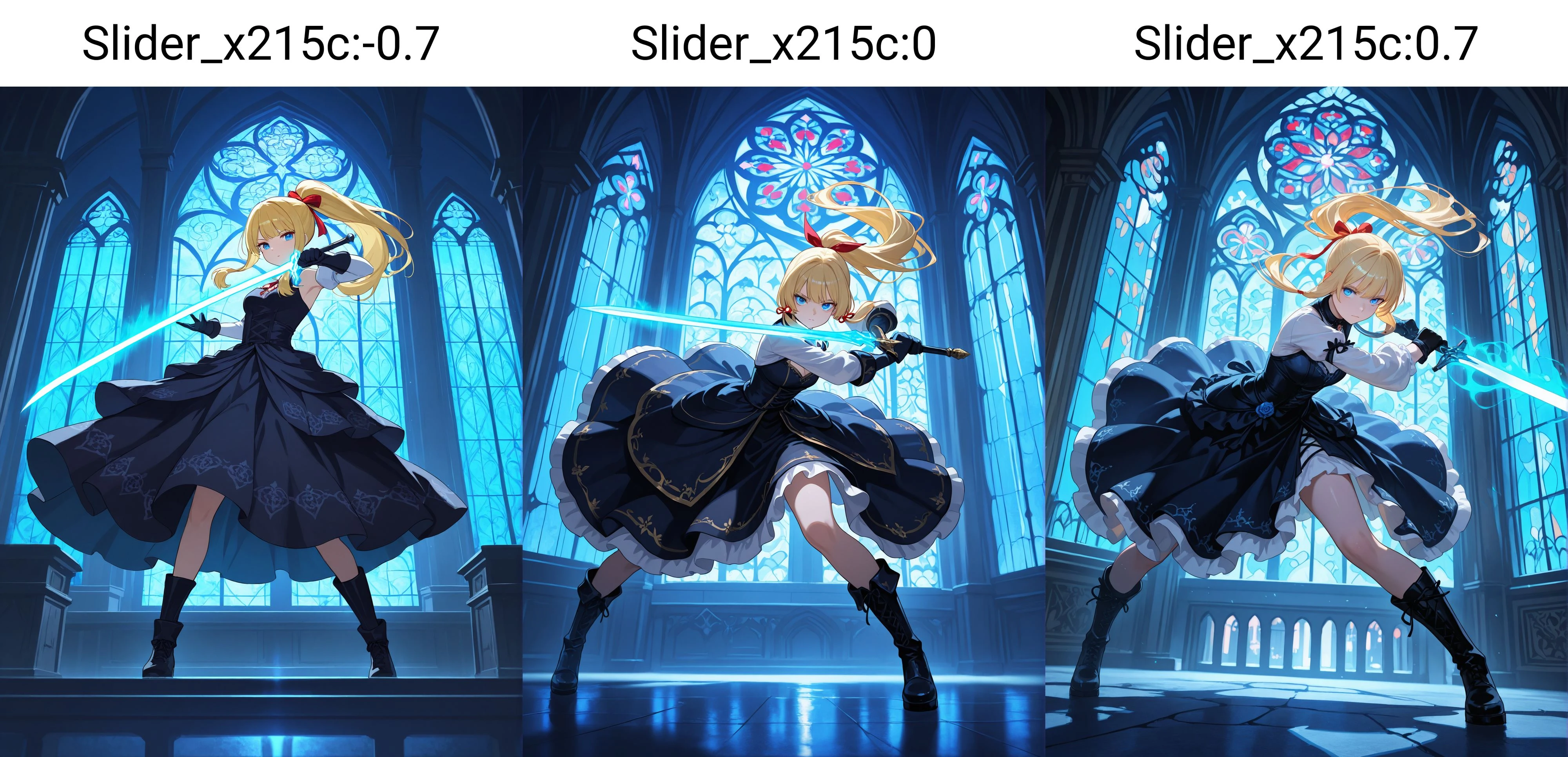 1girl,
blonde hair, blue eyes, long hair, ponytail, black dress, white sleeves, red ribbon, black gloves, black boots, holding sword, glowing sword, blue glow, gothic architecture, stained glass window, cathedral, dynamic pose, action, fantasy, detailed background, intricate design, dramatic lighting, high contrast, dark colors, light blue accents, intricate patterns, flowing dress, fantasy setting, intense expression, powerful stance, ethereal atmosphere, detailed textures, vibrant colors illustrious style, holding, glowing weapon, blue theme, weapon, goth fashion, architecture, solo, hair ribbon, sword, gloves, ribbon, glowing, holding weapon, dress,
<lora:hinaIDidSurgeryAlongSlider_x215c:-0.7>