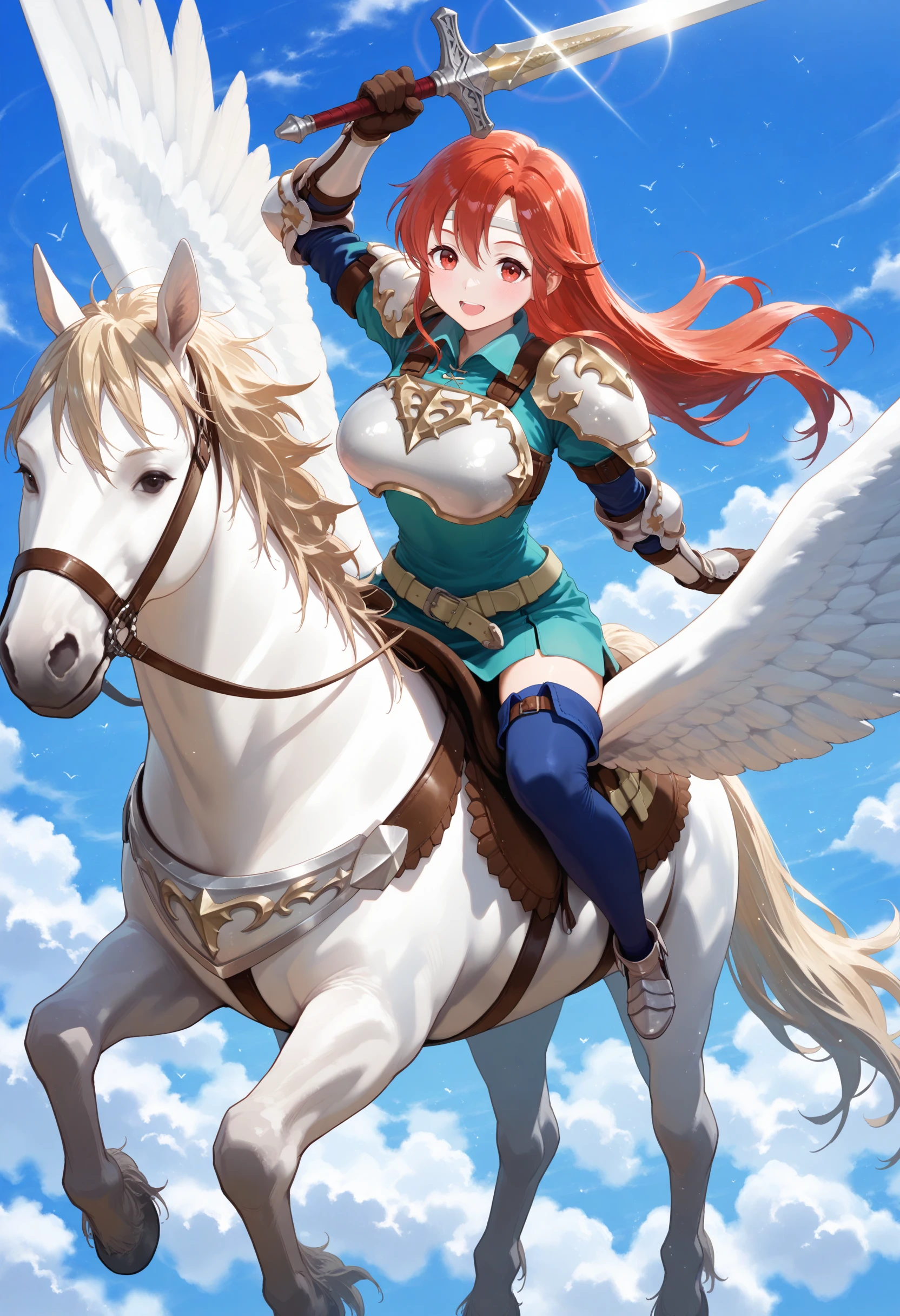 SmoothNoob_Quality,masterpiece,sky,flying,full body,1girl,solo,large breasts,pegasus knight,horseback riding,pegasus,shoulder armor,breastplate,pegasus knight uniform \(fire emblem\),thighhighs,gloves,armored boots,<lora:pegasus knight-NAI:1>,<lora:NOOB_vp1_detailer_by_volnovik_v1:1>,holding sword,arm up,smile,open mouth,