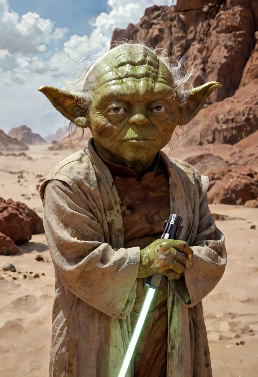 score_9, score_8_up, score_7_up, yoda, (green skin:1.5), reflections, highly detailed, film grain, old book style ink illustration of Yoda holding a lightsaber with Perfect Hands in a cyberpunk city, pose inspired by Boris Vallejo, brushwork echoing Carne Griffiths, realistic, lifelike, on parchment, (((ink splashes, ink stains, ink smears, faded ink))), (futuristic:1.5) desert, tatooine, galaxy, lucasfilms, glass, sun, in the clouds, futuristic round roofed adobe desert dwellings, fractals, sunrise, moody tones, mentixis, linquivera, movie poster, star wars vibes, (((watercolor style with strong washes)))