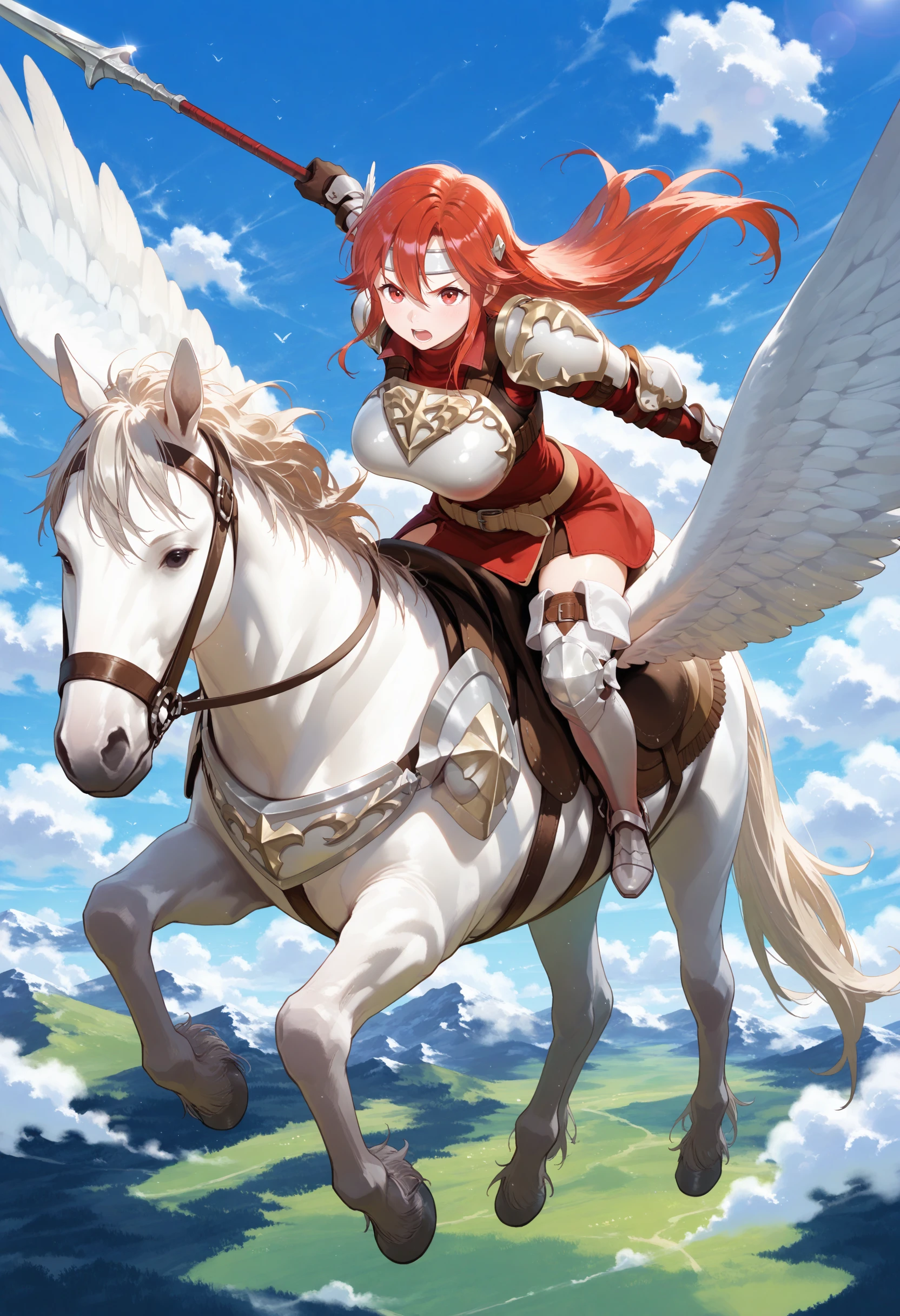 SmoothNoob_Quality,masterpiece,sky,flying,full body,1girl,solo,large breasts,pegasus knight,horseback riding,pegasus,shoulder armor,breastplate,pegasus knight uniform \(fire emblem\),thighhighs,gloves,armored boots,<lora:pegasus knight-NAI:1>,<lora:NOOB_vp1_detailer_by_volnovik_v1:1>,holding polearm,fighting stance,serous,open mouth,charging forward,pointing,