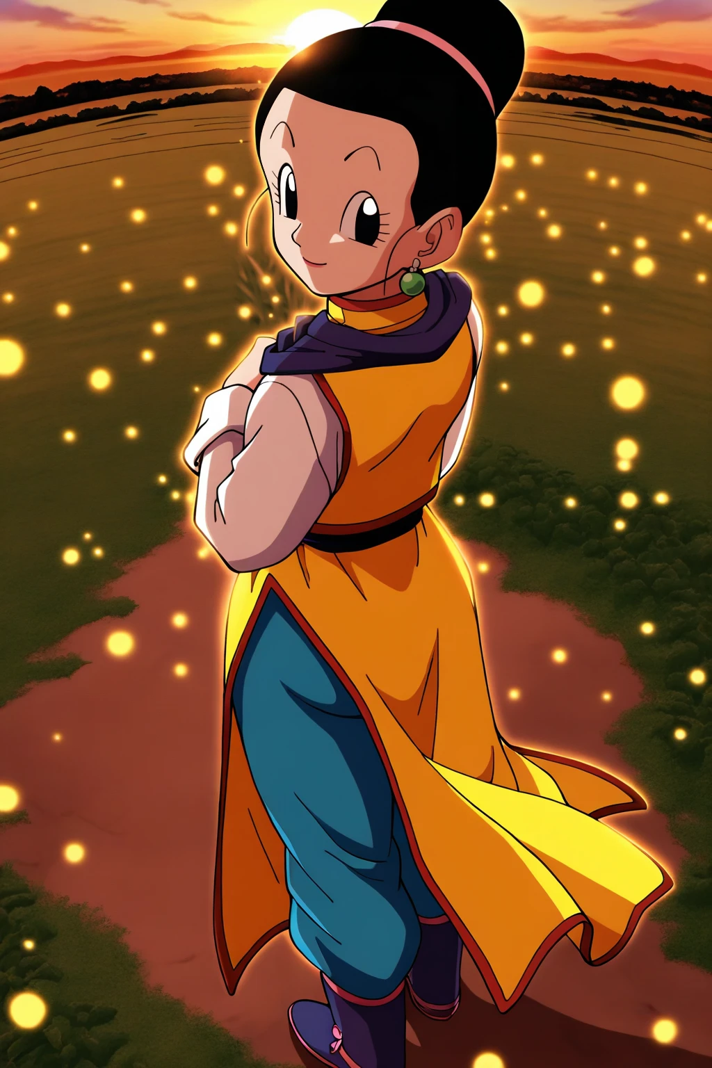 1girl, solo, chi-chi, hairbun, black hair, black eyes, hair pulled back, earrings, chinese clothes, boots, happy, mature female, view from above, from behind, looking_at_viewer, grass, sunset, detailed background, blue pants, yellow dress
masterpiece,best quality,amazing quality, outdoors, yellow particles