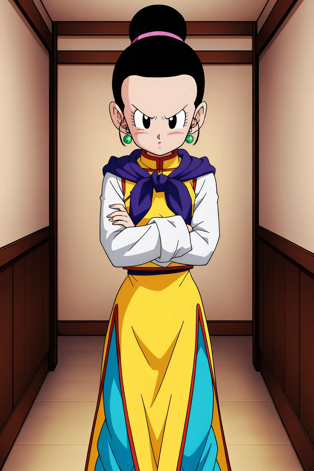Best quality, high resolution
BREAK 1 girl, solo, chi-chi \(dragon ball\), hairbun black hair, black eyes, chinese clothes, short hair, blue pants, yellow dress, looking at viewer, purple scarf, tsundere, crossed arms, long sleeves
masterpiece,best quality,amazing quality, indoors