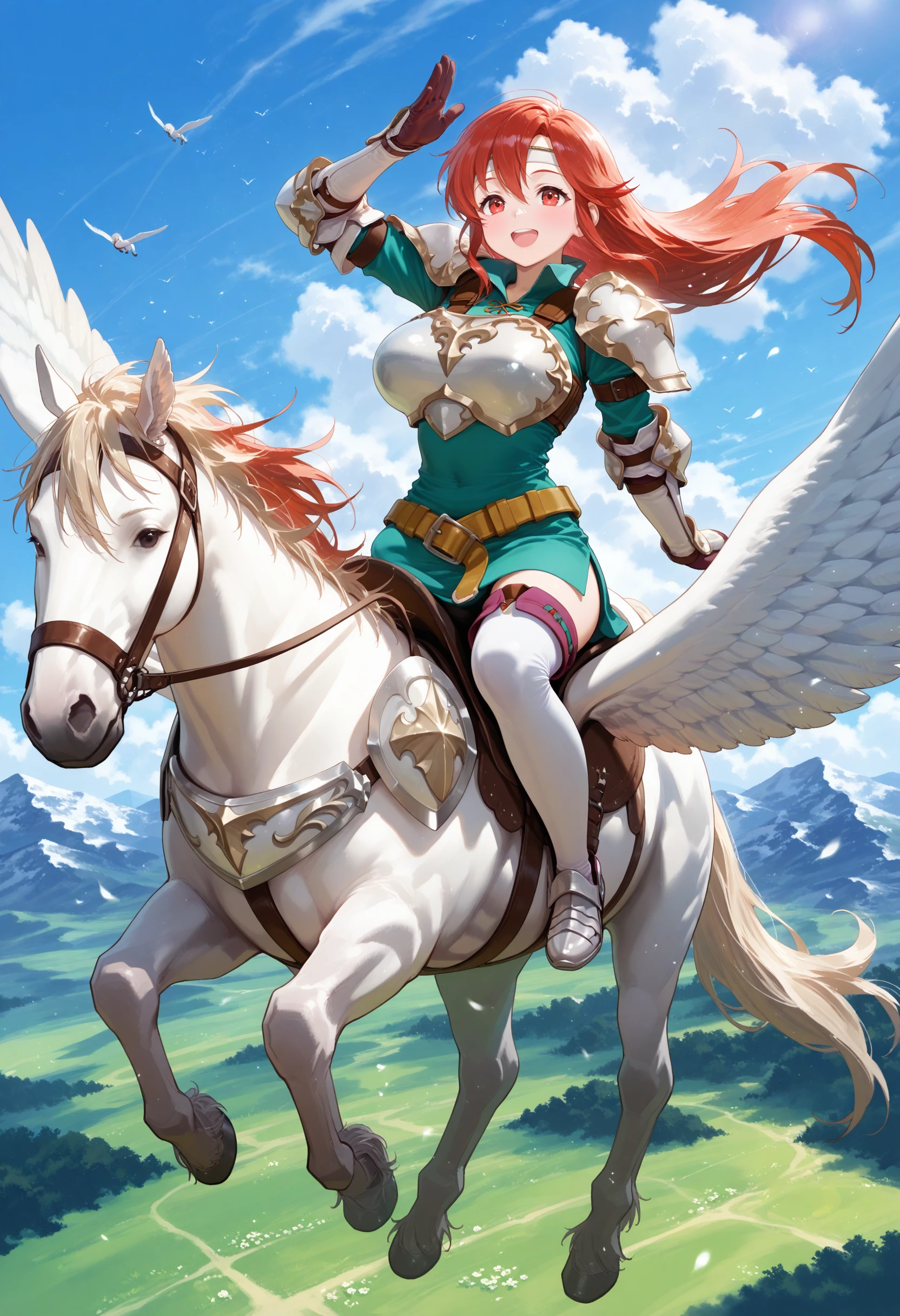 SmoothNoob_Quality,masterpiece,sky,flying,full body,1girl,solo,large breasts,pegasus knight,horseback riding,pegasus,shoulder armor,breastplate,pegasus knight uniform \(fire emblem\),thighhighs,gloves,armored boots,<lora:pegasus knight-NAI:1>,smile,open mouth,<lora:NOOB_vp1_detailer_by_volnovik_v1:1>,arm up,
