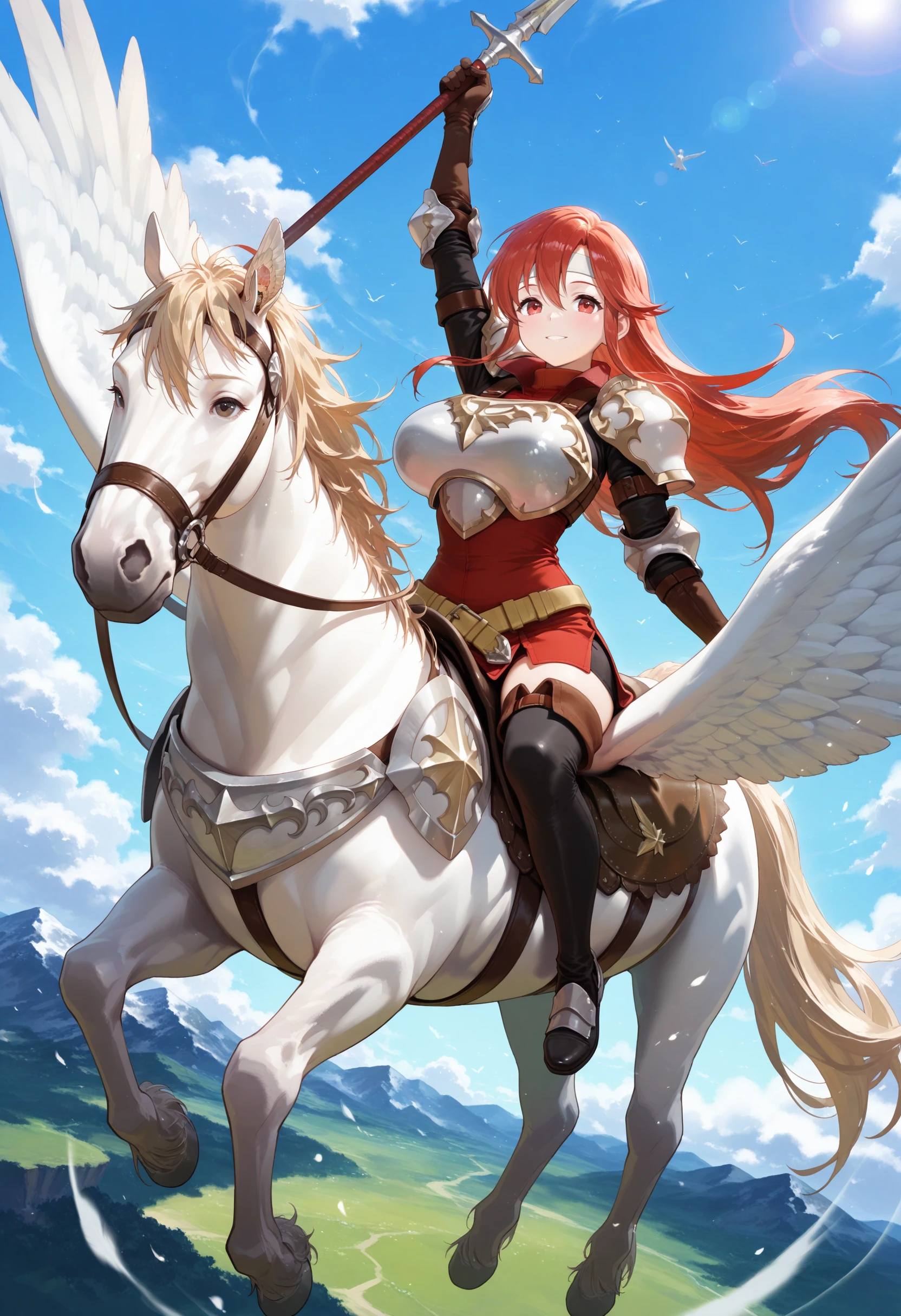 SmoothNoob_Quality,masterpiece,sky,flying,full body,1girl,solo,large breasts,pegasus knight,horseback riding,pegasus,shoulder armor,breastplate,pegasus knight uniform \(fire emblem\),thighhighs,gloves,armored boots,<lora:pegasus knight-NAI:1>,<lora:NOOB_vp1_detailer_by_volnovik_v1:1>,holding polearm,smile,arm up,