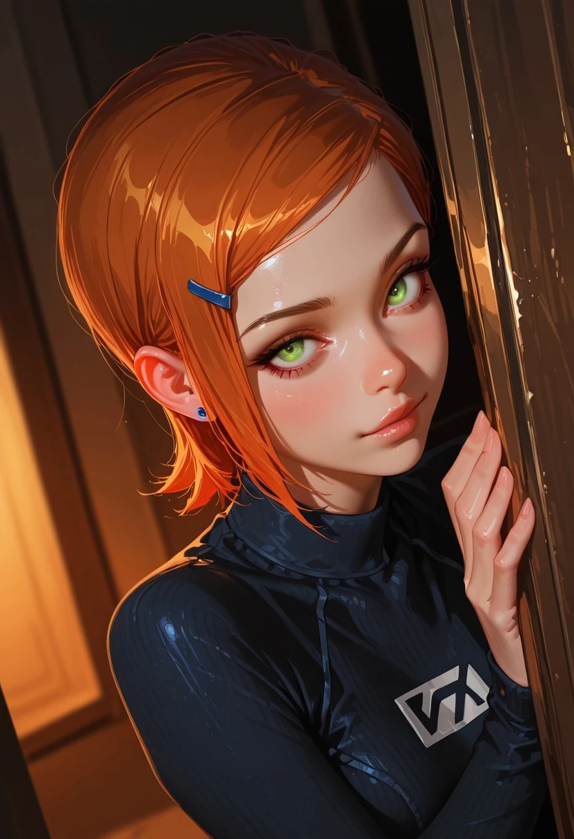 <lora:GwenV1:0.8>,Gwen, 1girl, solo,green eyes, short hair, orange hair, earrings,