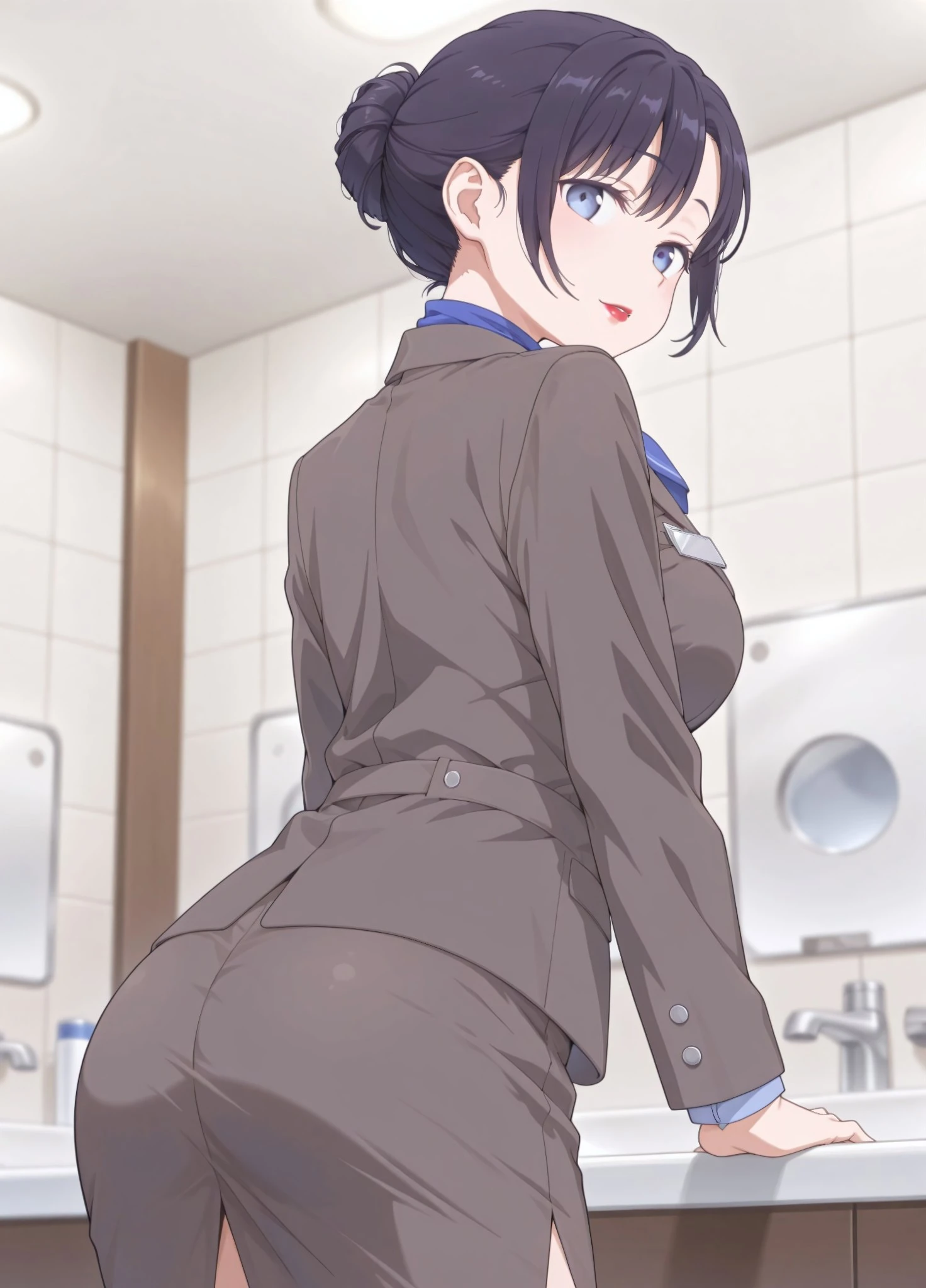 Unholy-aesthetic,masterpiece, best quality, amazing quality, absurdres,
tawawa_airhostess,1girl, solo, dark purple hair, single hair bun, blue eyes, parted lips, lipstick, red lipstick, ,
brown blazer, buttoned blazer, long sleeves, blue shirt, collared shirt, blue scarf, name tag, belt, brown skirt, pencil skirt
, look at viewer, face, looking back, hands support, standing, bathroom background, blurry background, depth_of_field, , back view,