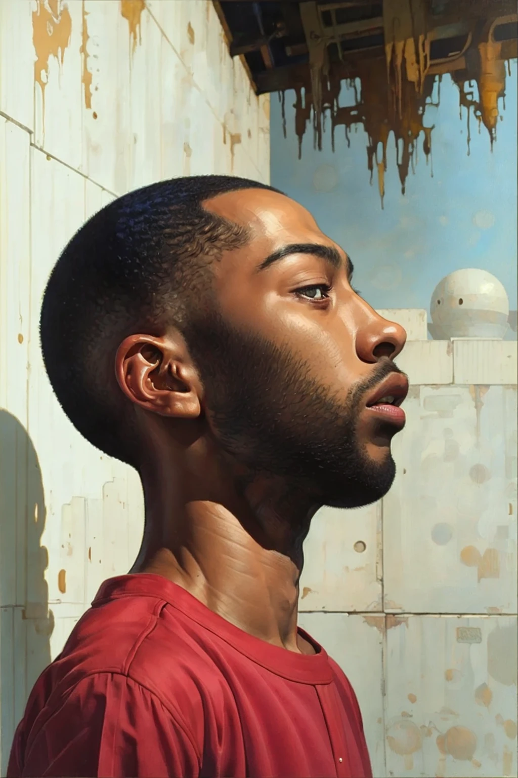 Charles White, oilpainting, 1boy, male focus, upper body, facial hair, traditional media, very short hair, shirt, bald, dark-skinned male, buzz cut, from side