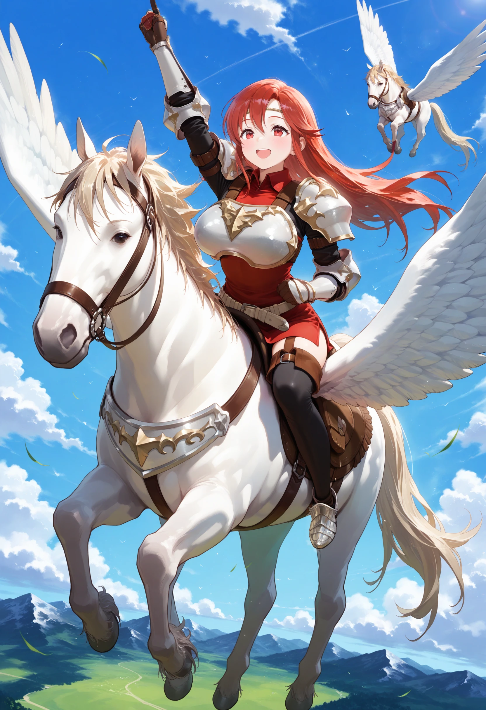 SmoothNoob_Quality,masterpiece,sky,flying,full body,1girl,solo,large breasts,pegasus knight,horseback riding,pegasus,shoulder armor,breastplate,pegasus knight uniform \(fire emblem\),thighhighs,gloves,armored boots,<lora:pegasus knight-NAI:1>,smile,open mouth,<lora:NOOB_vp1_detailer_by_volnovik_v1:1>,arm up,