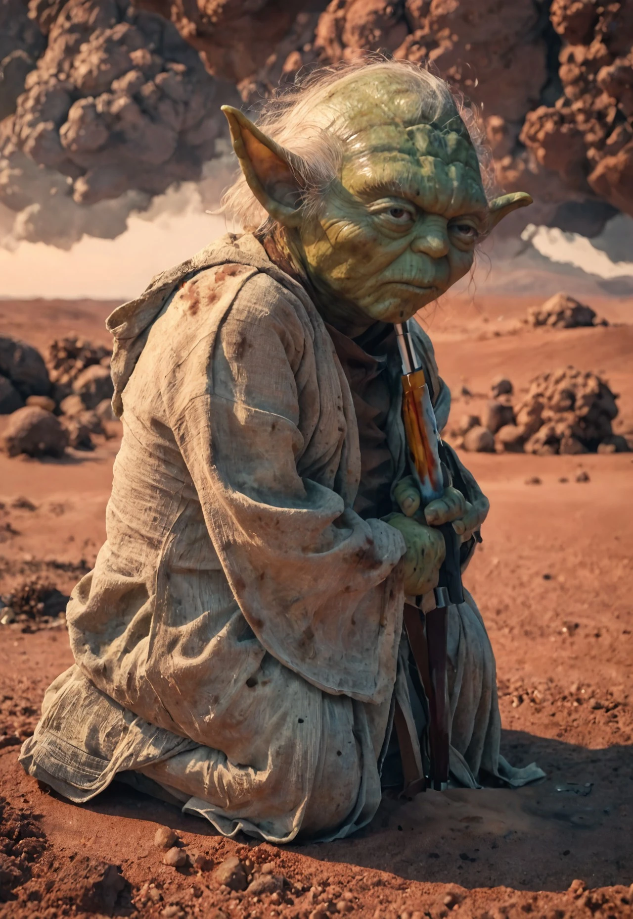score_9, score_8_up, score_7_up, yoda, green skin, portrait, kneeling, defeated, tired, reflections, highly detailed, film grain,
old book style ink illustration of Yoda holding a lightsaber with Perfect Hands in a cyberpunk city, pose inspired by Boris Vallejo, brushwork echoing Carne Griffiths, realistic, lifelike, on parchment, (((ink splashes, ink stains, ink smears, faded ink))), (futuristic:1.5) desert, tatooine, galaxy, lucasfilms, glass, sun, in the clouds, futuristic round roofed adobe desert dwellings, fractals, sunrise, moody tones, mentixis, linquivera, movie poster, star wars vibes, (((watercolor style with strong washes)))