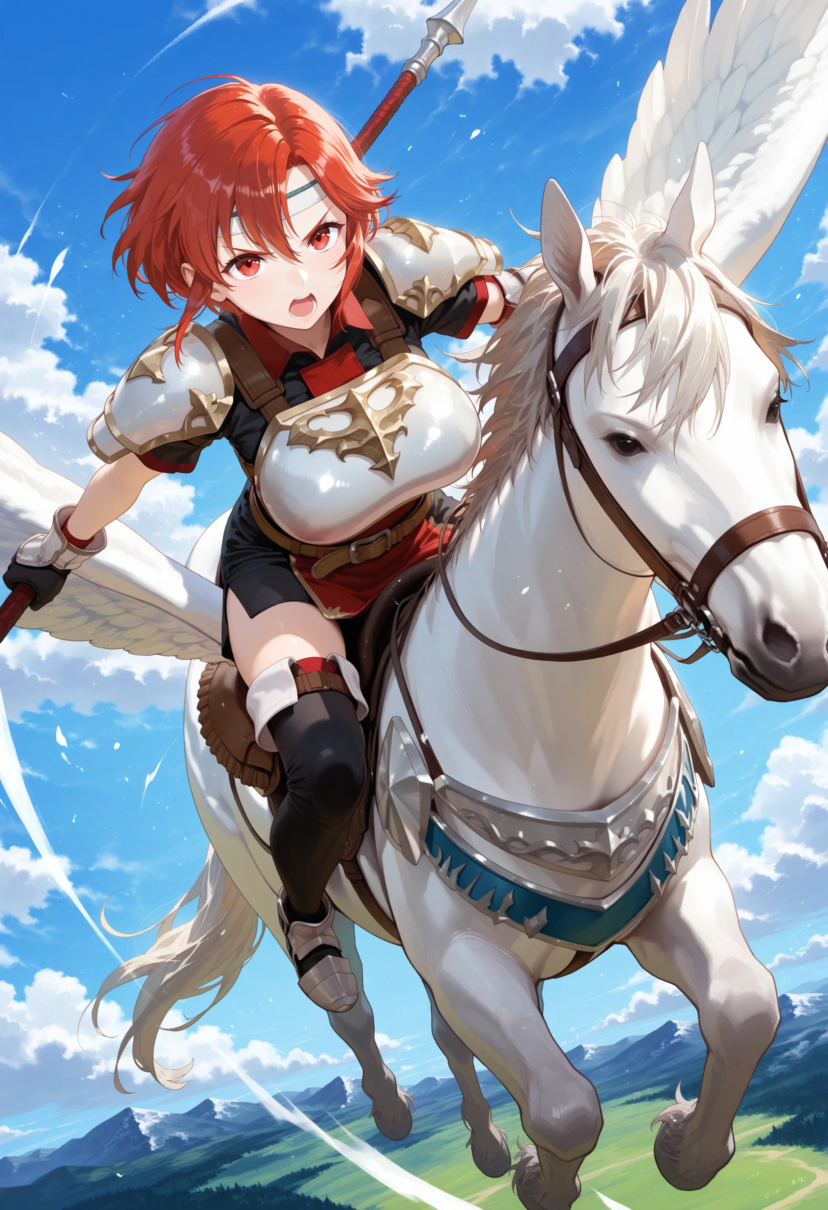 SmoothNoob_Quality,masterpiece,sky,flying,full body,1girl,solo,large breasts,pegasus knight,horseback riding,pegasus,shoulder armor,breastplate,pegasus knight uniform \(fire emblem\),thighhighs,gloves,armored boots,<lora:pegasus knight-NAI:1>,holding polearm,fighting stance,serious,incoming attack,charging forward,open mouth,<lora:NOOB_vp1_detailer_by_volnovik_v1:1>,