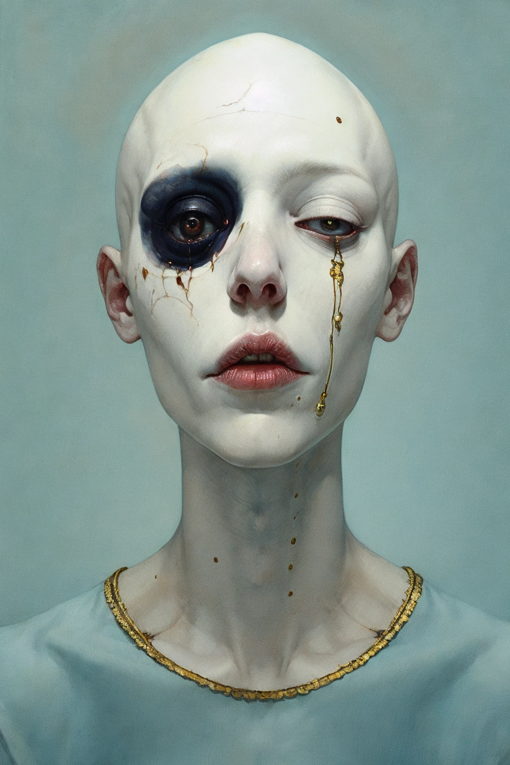 Michael Hussar, lowbrow, oilpainting, , 1boy, male focus, empty eyesocket, skeletal nose, mouth lesions bloody, teeth, x over eyesocket, 2nd eye lazy, short hair, white, thalo blue background, popped lace collar,