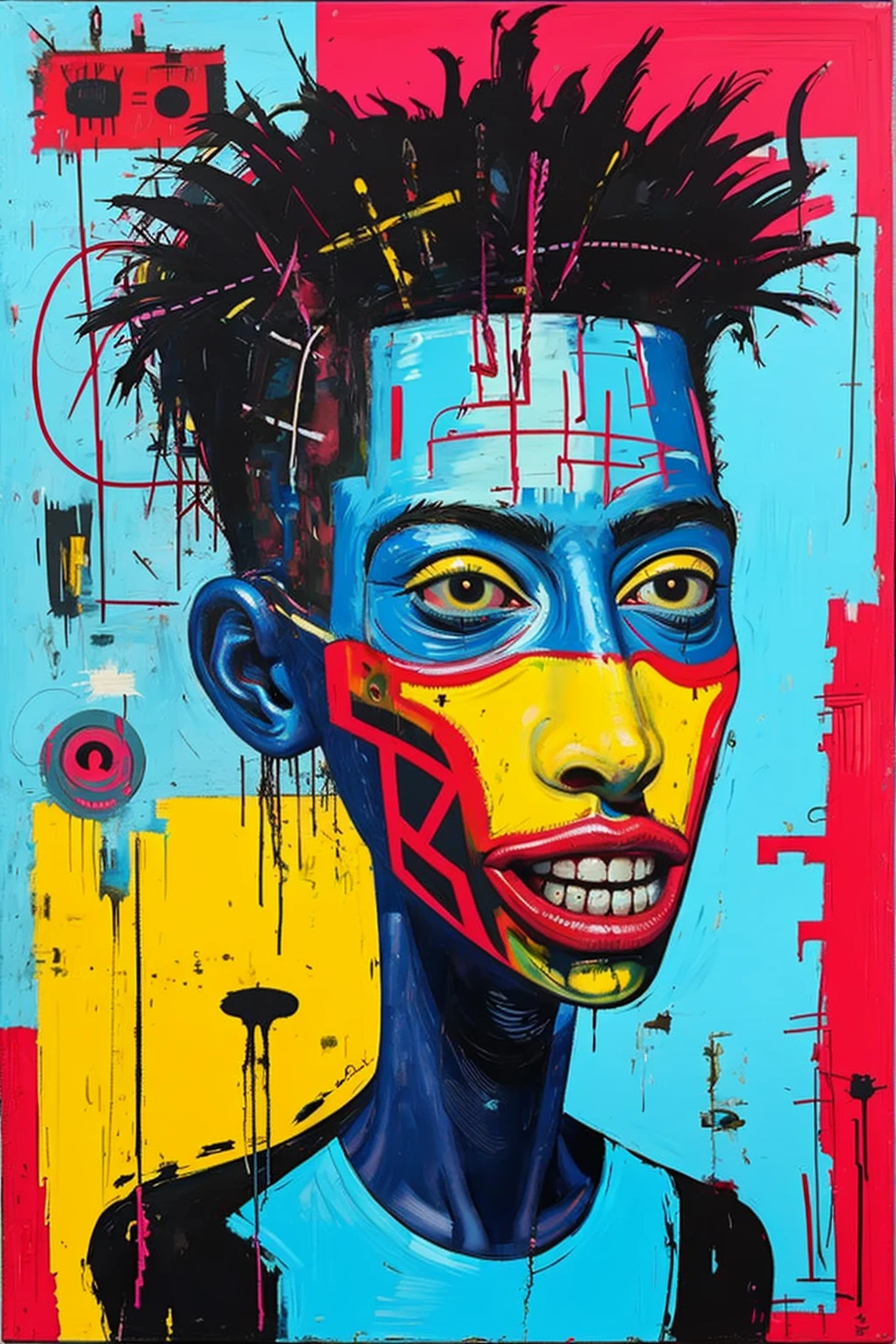 Jean-Michel Basquiat, oilpainting, 1boy, teeth, male focus, mask, portrait, abstract, traditional media, looking at viewer