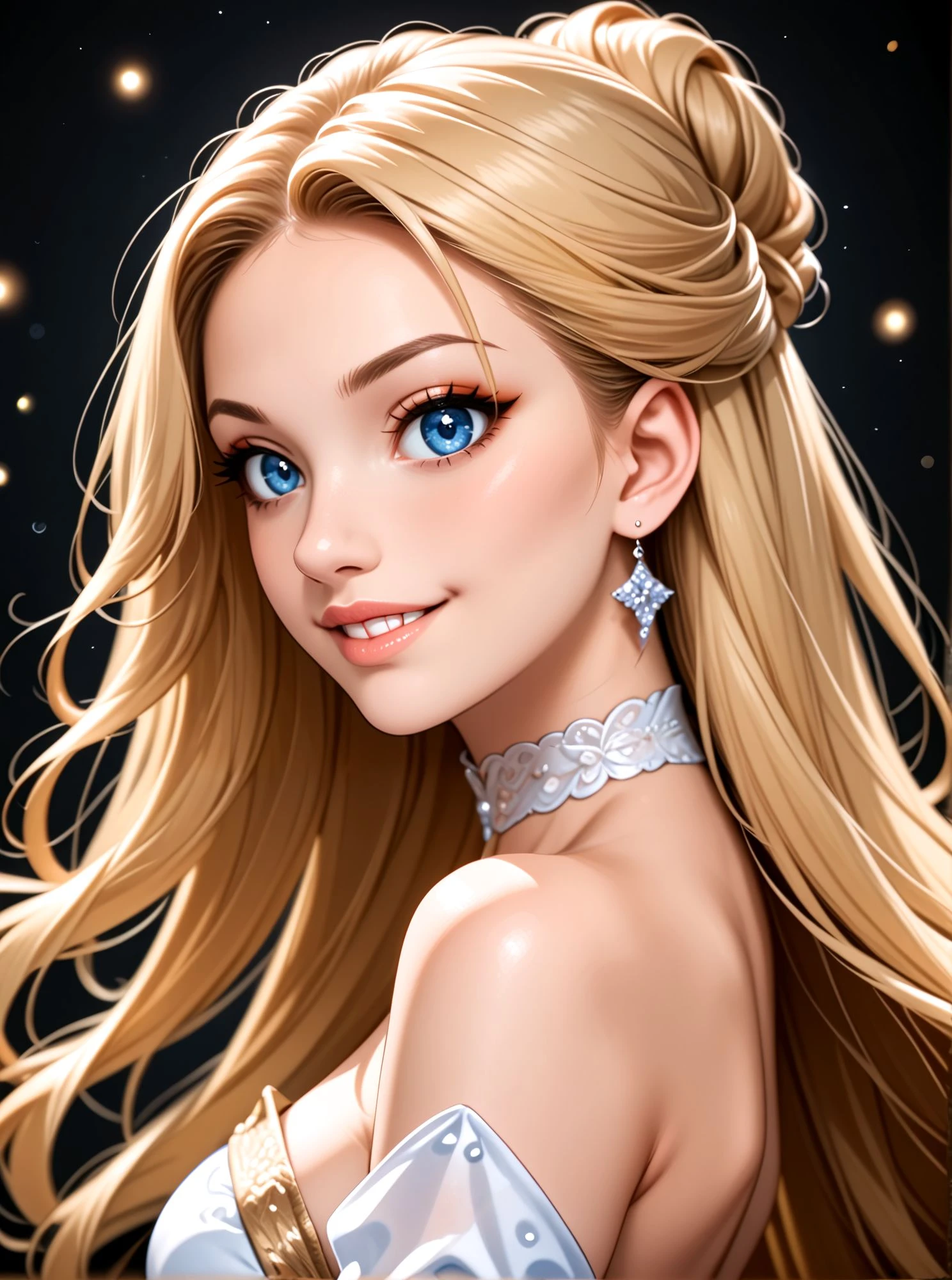 ((best quality)), ((artwork)), ((extremely detailed face)), ((perfect lighting)), ((extremely detailed CG)), ((perfect hands, perfect anatomy)), Appearance= Slender, voluptuous figure, pale skin, youthful, ravishingly beautiful, high forehead, doll features, thin nose, full lips; light pink eyes; very long, flowing ash blonde hair Personality= Modest, reserved. Clothing= Long sleeveless white dress Occupation= Dawnstar, Princess Starfall Reputation= The most beautiful woman in the world.  