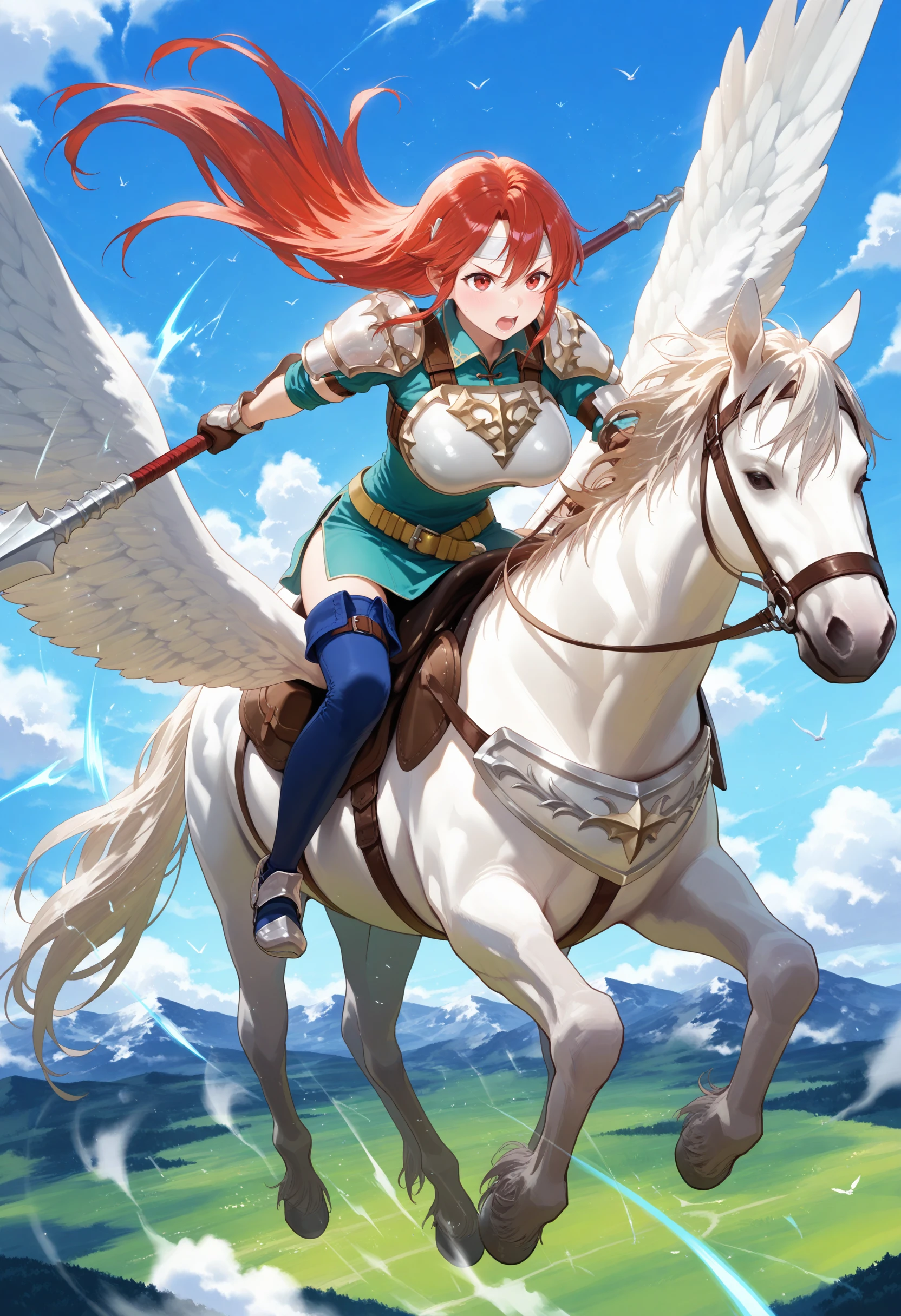 SmoothNoob_Quality,masterpiece,sky,flying,full body,1girl,solo,large breasts,pegasus knight,horseback riding,pegasus,shoulder armor,breastplate,pegasus knight uniform \(fire emblem\),thighhighs,gloves,armored boots,<lora:pegasus knight-NAI:1>,<lora:NOOB_vp1_detailer_by_volnovik_v1:1>,holding polearm,fighting stance,serous,open mouth,charging forward,pointing,wind,shockwave,