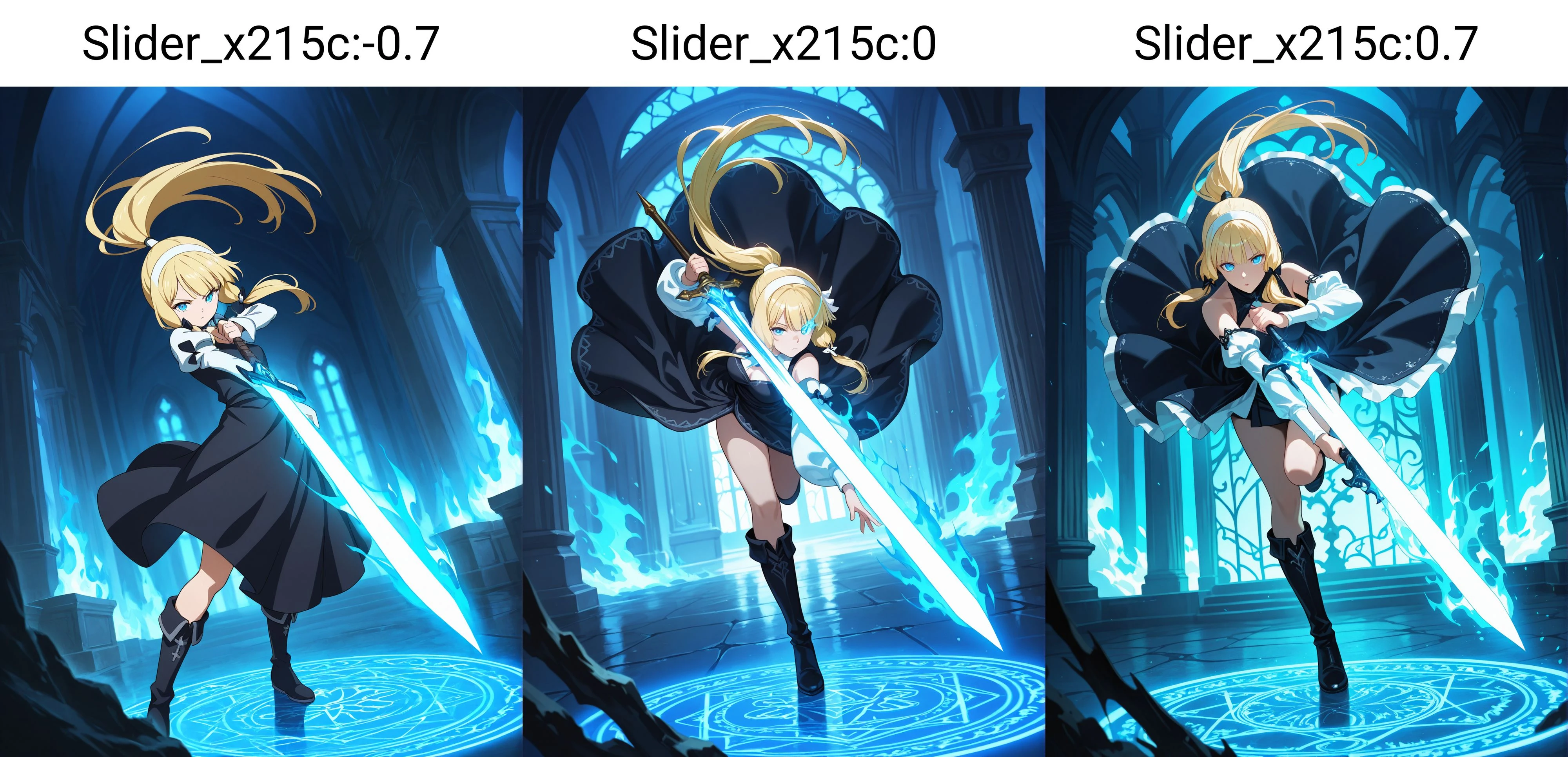 1girl,
blonde hair, blue eyes, long hair, ponytail, white hairband, black dress, white sleeves, black boots, holding sword, glowing sword, blue glow, fantasy, dynamic pose, action, determined expression, detailed background, ornate architecture, blue lighting, ethereal, high contrast, intricate design, dramatic lighting, fantasy setting, intense atmosphere, anime style, detailed shading, flowing dress, powerful stance, glowing weapon, intricate patterns, fantasy world, epic scene illustrious style, weapon, blue fire, looking at viewer, glowing, dress, fire, magic circle, holding, holding weapon, flaming sword, boots, sword, hairband, glowing eye,
<lora:hinaIDidSurgeryAlongSlider_x215c:-0.7>