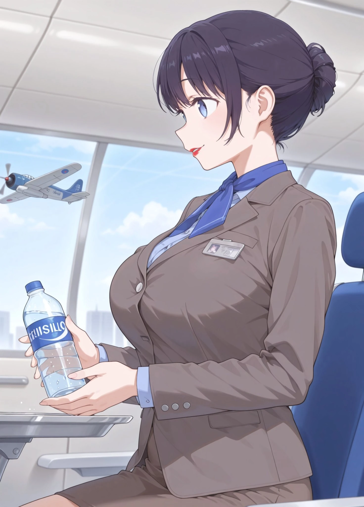 Unholy-aesthetic,masterpiece, best quality, amazing quality, absurdres, 

tawawa_airhostess,1girl, solo, dark purple hair, single hair bun, blue eyes, parted lips, lipstick, red lipstick, ,

 brown blazer, buttoned blazer, long sleeves, blue shirt, collared shirt, blue scarf, name tag, belt, brown skirt, pencil skirt

, smile, serving,holding water bottle, plane, interior background, passenger seats, from side, profile, 