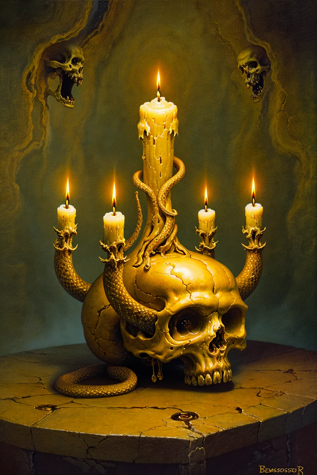benscoter, oilpainting, lowbrow, candle, snake, no humans, statue, fire, artist name, signature, The image is a dark, surreal painting by artist Wes Benscoter. The central figure is a human skull, depicted in a highly detailed, realistic style with a haunting, almost grotesque quality. The skull's face is open, revealing a cavity filled with five tall, dripping candles. The candles cast a warm, flickering light that illuminates the skull's interior.