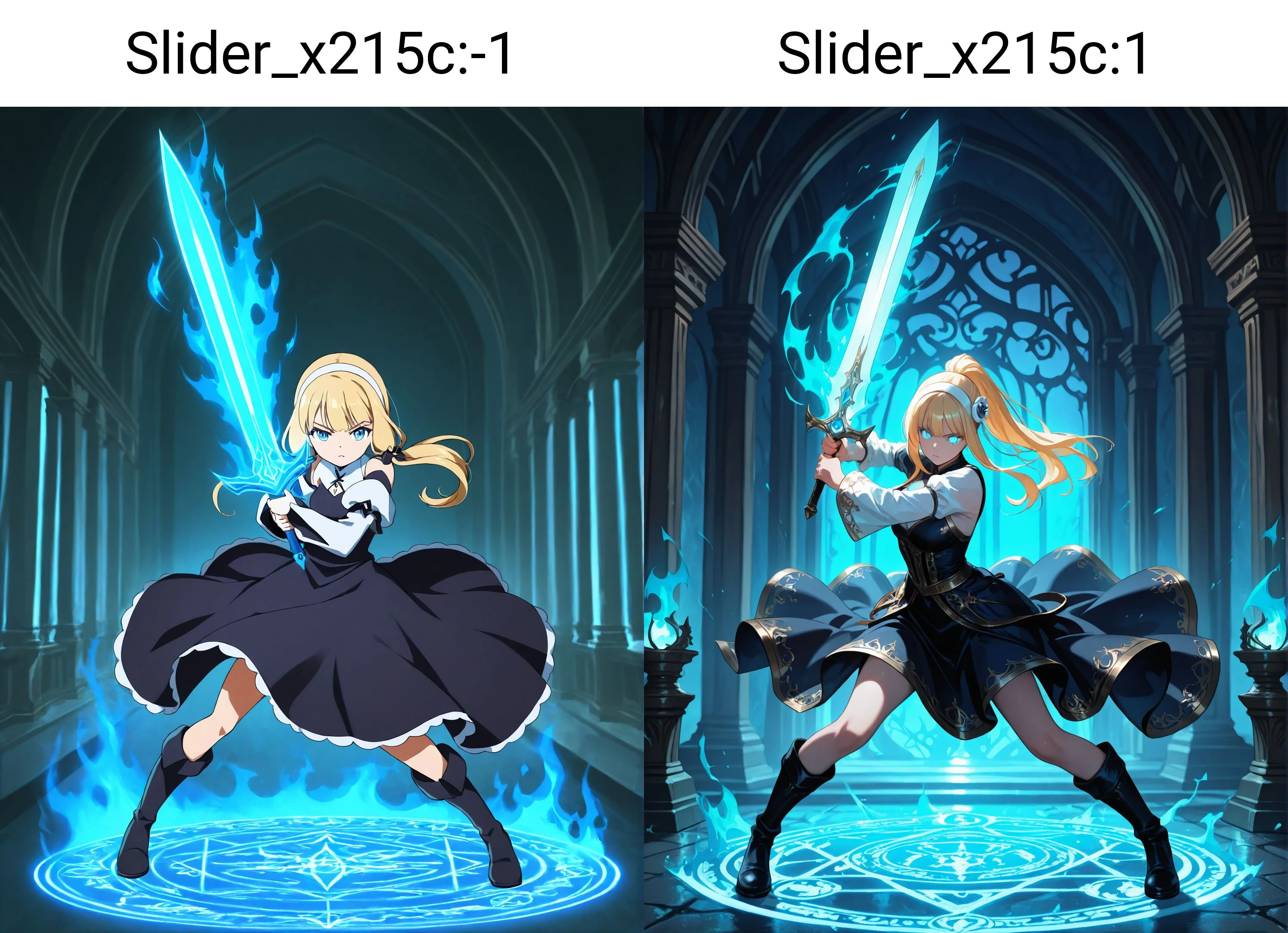 1girl,
blonde hair, blue eyes, long hair, ponytail, white hairband, black dress, white sleeves, black boots, holding sword, glowing sword, blue glow, fantasy, dynamic pose, action, determined expression, detailed background, ornate architecture, blue lighting, ethereal, high contrast, intricate design, dramatic lighting, fantasy setting, intense atmosphere, anime style, detailed shading, flowing dress, powerful stance, glowing weapon, intricate patterns, fantasy world, epic scene illustrious style, weapon, blue fire, looking at viewer, glowing, dress, fire, magic circle, holding, holding weapon, flaming sword, boots, sword, hairband, glowing eye,
<lora:hinaIDidSurgeryAlongSlider_x215c:-1>