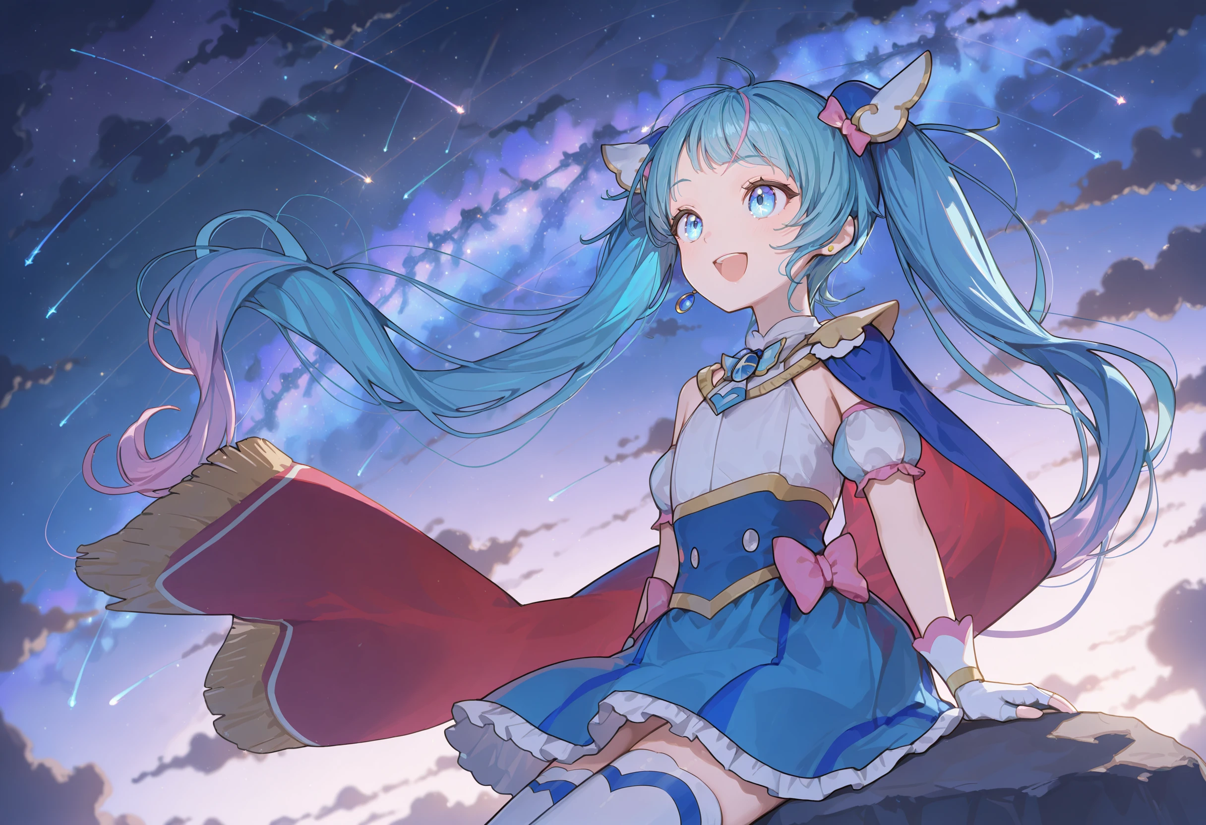 1girl, general,
curesky, flat chest,
hair ornament, single earring,
brooch, multicolored clothes, puffy detached sleeves, bare shoulders, cape,
white fingerless gloves,
blue skirt, pink bow,
white thighhighs, zettai ryouiki,
multicolored hair, blue hair, twintails, very long hair, blue eyes, symbol in eye,
smile, happy, open mouth, sideways mouth, looking at another:1.2, looking up, facing_up,
solo focus, cowboy shot, dutch angle,
sitting on rock:1.3, arms_at_sides, floating hair, wind,
(starry sky:1.3, milky_way:1.3, star \(sky\):1.3, shooting star, particles, gradient sky, night sky:1.2, night, cloud, galaxy, nebula, outdoos, nature, beautiful background),
masterpiece, best quality, amazing quality, newest
<lora:ill_curesky-noob:1.0>