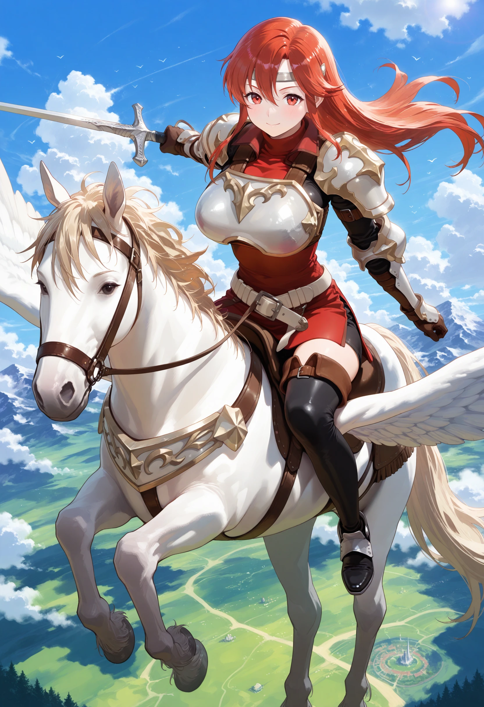 SmoothNoob_Quality,masterpiece,sky,flying,full body,1girl,solo,large breasts,pegasus knight,horseback riding,pegasus,shoulder armor,breastplate,pegasus knight uniform \(fire emblem\),thighhighs,gloves,armored boots,<lora:pegasus knight-NAI:1>,<lora:NOOB_vp1_detailer_by_volnovik_v1:1>,holding sword,smile,