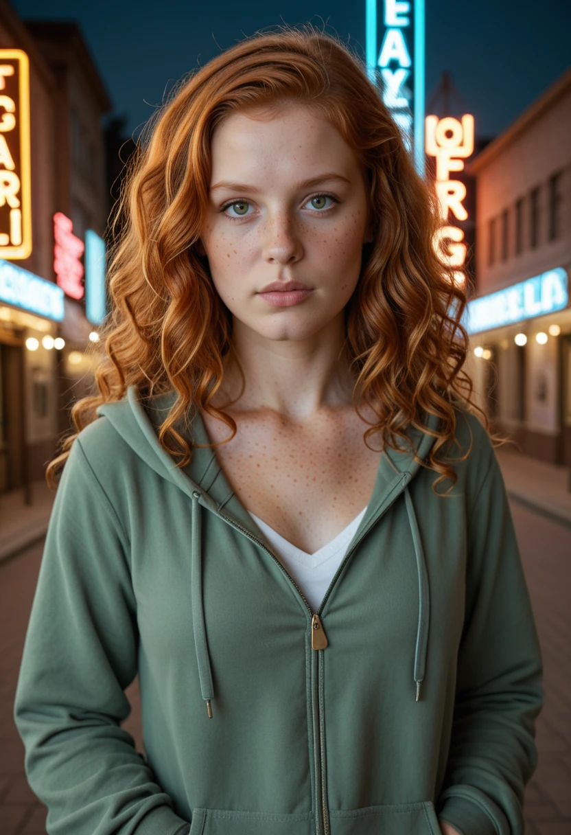 Masterpiece, best quality, high quality, (official style), realistic, photo realistic,
<lora:Gingerella_-_OC_ILL:0.8> 1girl, g1ng3r3ll4_ill, long hair, lips, freckles: (0.5), redhead, ginger, pale skin, olive green eyes, wavy hair, curly hair, petite, busty, lips apart, night, dark scenery, neon lights, at the county fair, solo, wearing casual clothes, wearing hoodie, wearing  under shirt, hands in pockets,  cowboy shot,