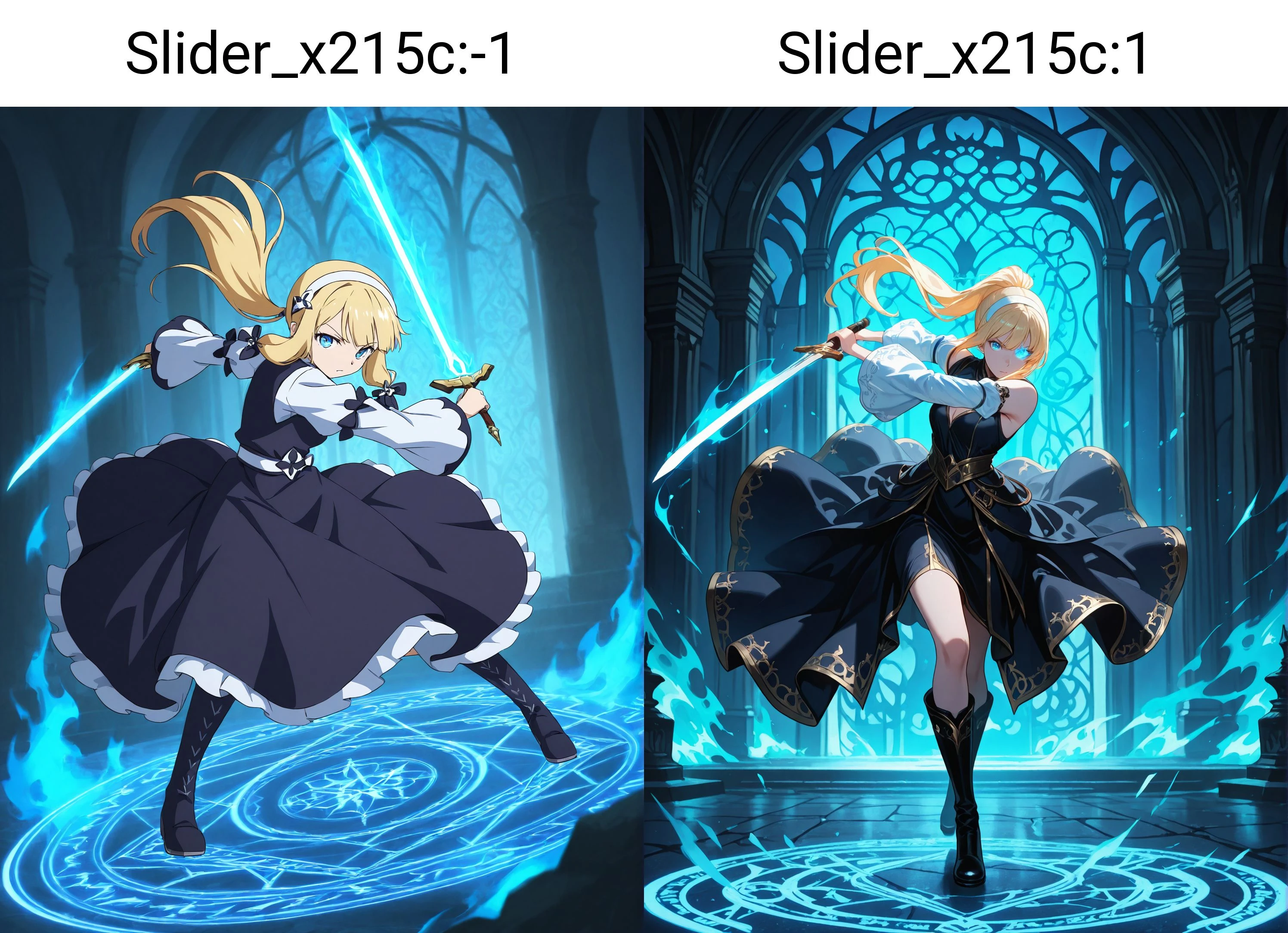 1girl,
blonde hair, blue eyes, long hair, ponytail, white hairband, black dress, white sleeves, black boots, holding sword, glowing sword, blue glow, fantasy, dynamic pose, action, determined expression, detailed background, ornate architecture, blue lighting, ethereal, high contrast, intricate design, dramatic lighting, fantasy setting, intense atmosphere, anime style, detailed shading, flowing dress, powerful stance, glowing weapon, intricate patterns, fantasy world, epic scene illustrious style, weapon, blue fire, looking at viewer, glowing, dress, fire, magic circle, holding, holding weapon, flaming sword, boots, sword, hairband, glowing eye,
<lora:hinaIDidSurgeryAlongSlider_x215c:-1>