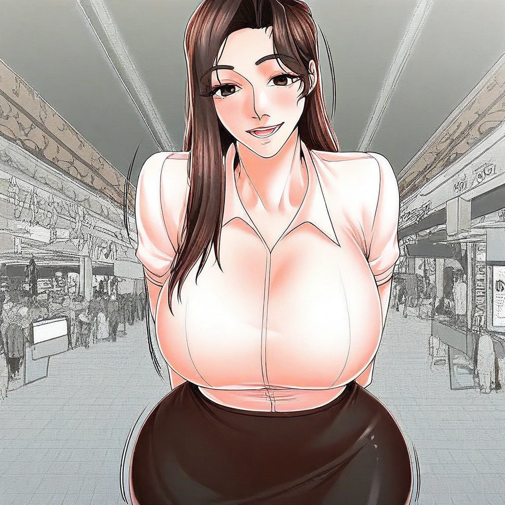 (dark madder red blouse,sleeveless,arms-baring:1.3),look up at viewer,(black and long flare skirt),thick arms,pov,close up,close to viewer,from front and above,single mole on cheek,black hair,voluminous hair,unkempt hair,plump tall woman,aroused, blushed and smile,27 years old,(fair skin:1.3),(cute eyes,tareme),plump oval face,light makeup,standing in train,leaning on train door,skirt lifted,