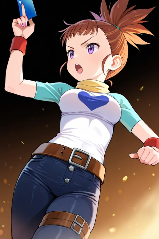 masterpiece, High quality, Ultra detailed, 2d, newest, absurdres, highres, BREAK
1girl, solo, <lora:makino_ruki:0.8>, ruki_makino, high ponytail, brown hair, purple eyes,
medium breasts, rukidef, raglan sleeves, scarf, t-shirt, heart print, wristband, belt, pants, jeans, thigh strap,
card, holding card, fighting stance, hand up, open mouth, from below,