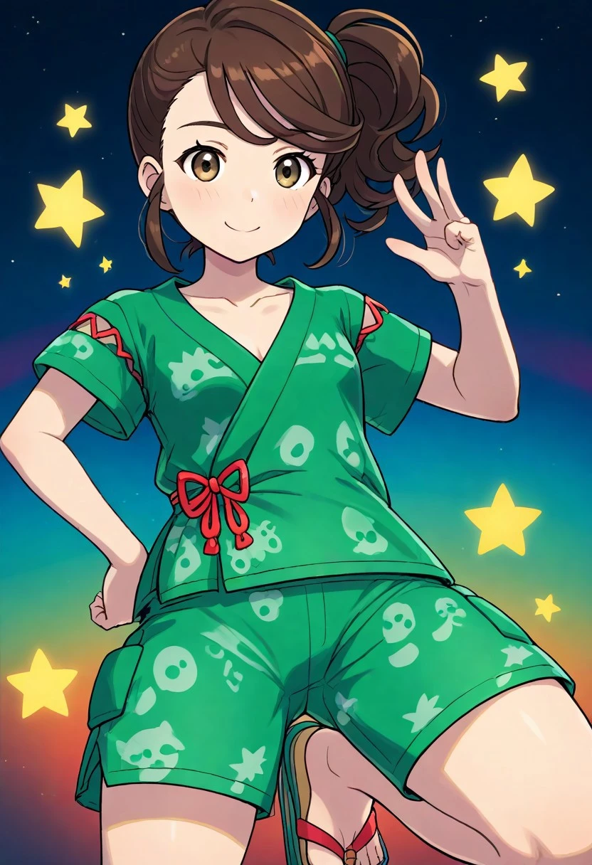 2d, masterpiece, best quality, amazing quality, 1girl, solo, close-up, standing, smile, upper body, cowboy shot, standing on one leg, looking at viewer, simple background, colorful background, stars, tmjuliana, brown eyes, side ponytail, brown hair, sidelocks, collarbone, green shirt, print shirt, short sleeves, green shorts, print shorts, pocket, sandals, toes, score_9, score_8_up, score_7_up,source_anime