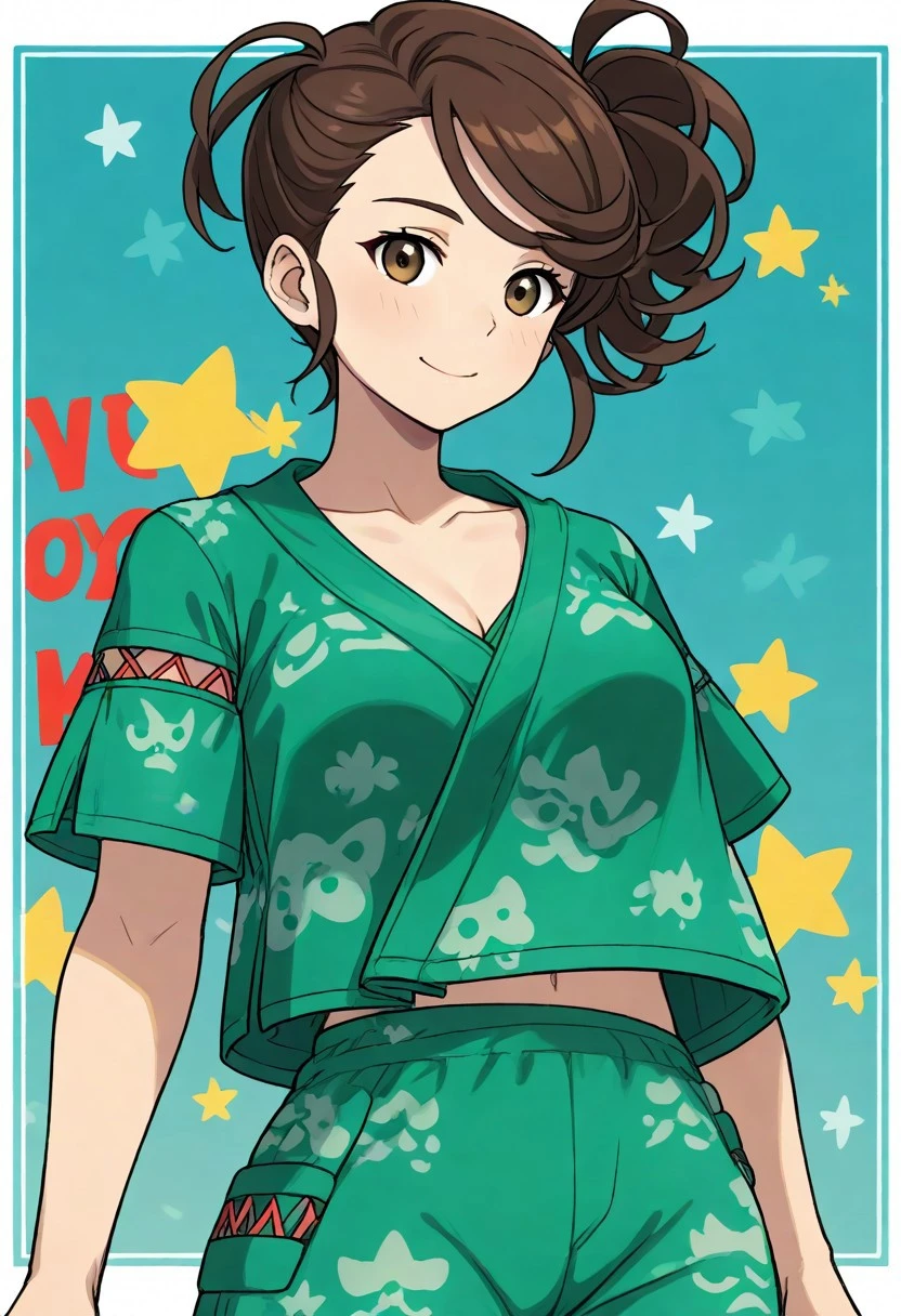 2d, masterpiece, best quality, amazing quality, 1girl, solo, close-up, standing, smile, upper body, cowboy shot, looking at viewer, simple background, colorful background, stars, tmjuliana, brown eyes, side ponytail, brown hair, sidelocks, collarbone, green shirt, print shirt, short sleeves, green shorts, print shorts, pocket, score_9, score_8_up, score_7_up,source_anime, medium breasts