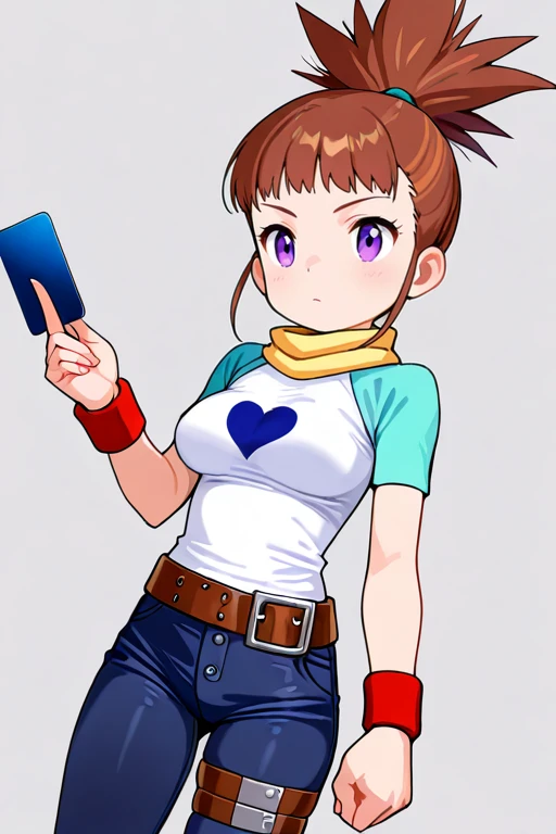 masterpiece, High quality, Ultra detailed, 2d, newest, absurdres, highres, BREAK
1girl, solo, <lora:makino_ruki:0.8>, ruki_makino, high ponytail, brown hair, purple eyes,
medium breasts, rukidef, raglan sleeves, scarf, t-shirt, heart print, wristband, belt, pants, jeans, thigh strap,
holding card,