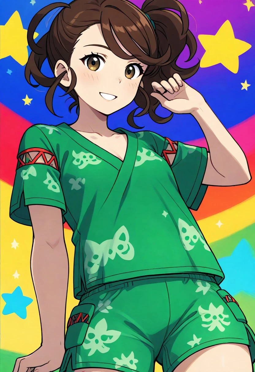 2d, masterpiece, best quality, amazing quality, 1girl, solo, close-up, standing, smile, upper body, cowboy shot, looking at viewer, simple background, colorful background, stars, tmjuliana, brown eyes, side ponytail, brown hair, sidelocks, collarbone, green shirt, print shirt, short sleeves, green shorts, print shorts, pocket, score_9, score_8_up, score_7_up,source_anime