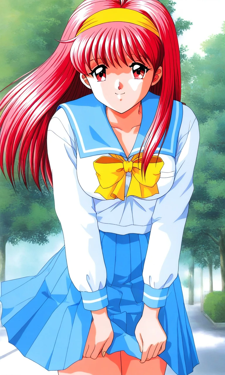 general,highres, ultra-detailed,very aesthetic,best quality ,best hands, BREAK <lora:Fujisaki_Shiori_Tokimeki_Memorial_Ver2.0_IS:1>
Fujisaki_Shiori(Tokimeki_Memorial), 1girl, solo, long hair, Yellow hairband, red hair, red eyes,pink hair, bangs, large breasts,
school uniform, serafuku, skirt, bow, smile, long sleeves, yellow bow, blue skirt,
pleated skirt, head out of frame, white background, sailor collar, simple background, blue sailor collar, looking at viewer,
outdoor, tree,