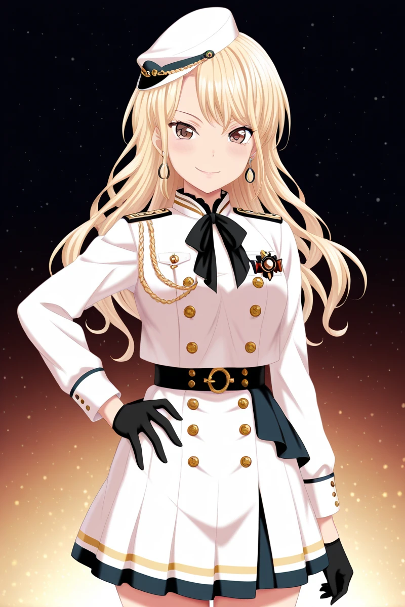 masterpiece, best quality, amazing quality,
<lora:Touko_IL:1> touko, 1girl, gloves, solo, blonde hair, hat, black gloves, earrings, long hair, looking at viewer, white headwear, jewelry, hand on hip, smile, skirt, brown eyes, aiguillette, onstagesk