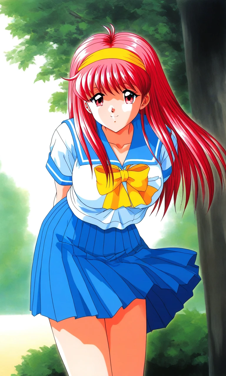 general,highres, ultra-detailed,very aesthetic,best quality ,best hands, BREAK <lora:Fujisaki_Shiori_Tokimeki_Memorial_Ver2.0_IS:1>
Fujisaki_Shiori(Tokimeki_Memorial), 1girl, solo, long hair, Yellow hairband, red hair, red eyes,pink hair, bangs, large breasts,
school uniform, skirt, serafuku, bow, yellow bow, arms behind back, summer costume,
smile, blue skirt, pleated skirt, blue sailor collar, short sleeves, white background, sailor collar,
outdoor, tree,